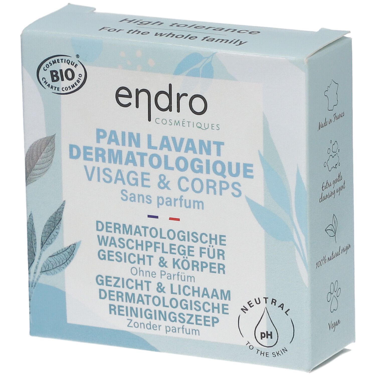 Karton mit "endro"-Produkt. Text: Pain Lavant Dermatologique Visage & Corps. Bio-Zertifizierung. Ohne Parfüm. Waschpflege für Gesicht & Körper.