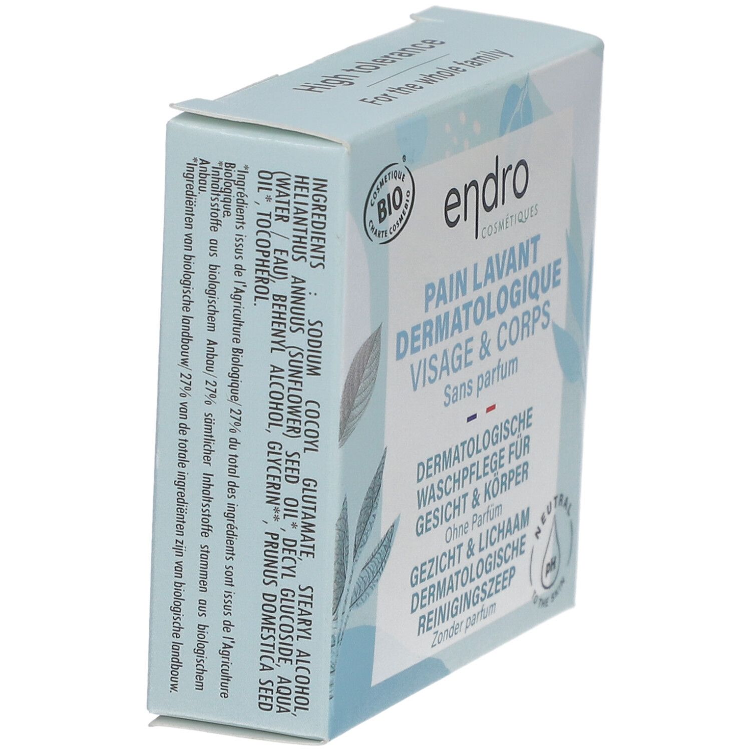 Karton mit Produktinformationen. Text: Inhaltsstoffe, Bio-Zertifizierung. Produktname: Pain Lavant Dermatologique Visage & Corps. Ohne Parfüm.