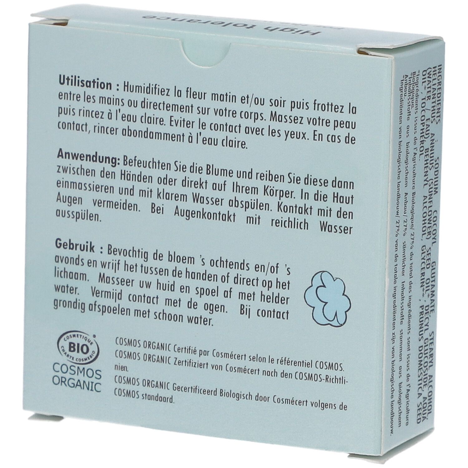 Rückseite der Produktverpackung. Text: Anwendung, COSMOS ORGANIC Zertifizierung. Produktname: Pain Lavant Dermatologique Visage & Corps.