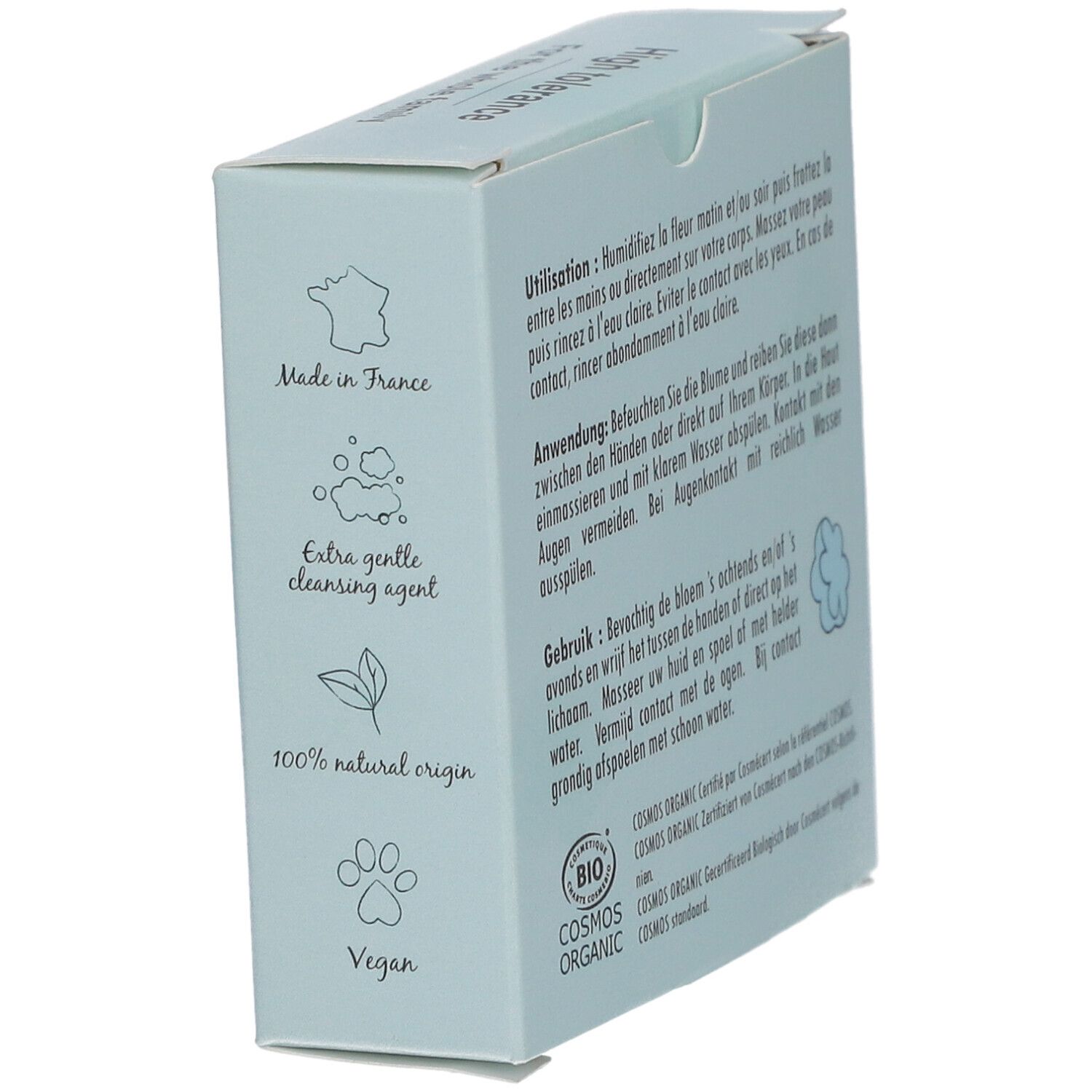 Seite der Produktverpackung. Text: Made in France, 100% natürlicher Ursprung, vegan. COSMOS ORGANIC Zertifizierung. Produktname: Pain Lavant.