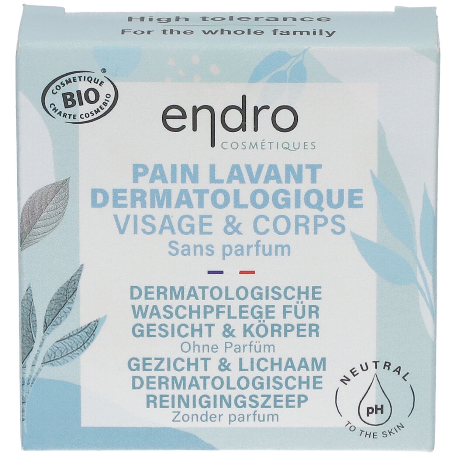 Karton mit Produkt. Text: Pain Lavant Dermatologique Visage & Corps. Ohne Parfüm. Bio-Zertifizierung. pH-neutral. Waschpflege für Gesicht & Körper.