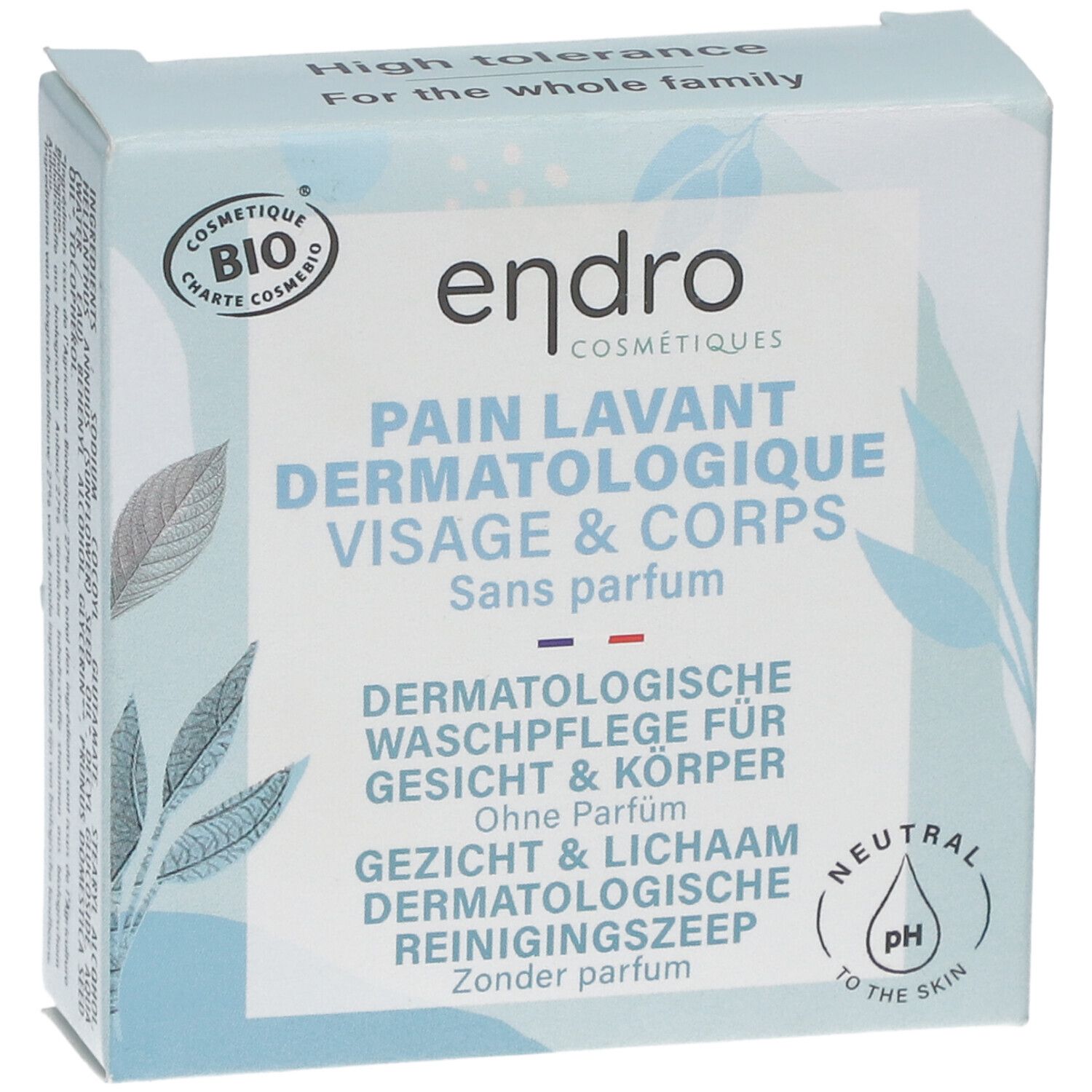Karton mit Produkt. Text: Pain Lavant Dermatologique Visage & Corps. Ohne Parfüm. Bio-Zertifizierung. pH-neutral. Waschpflege für Gesicht & Körper.