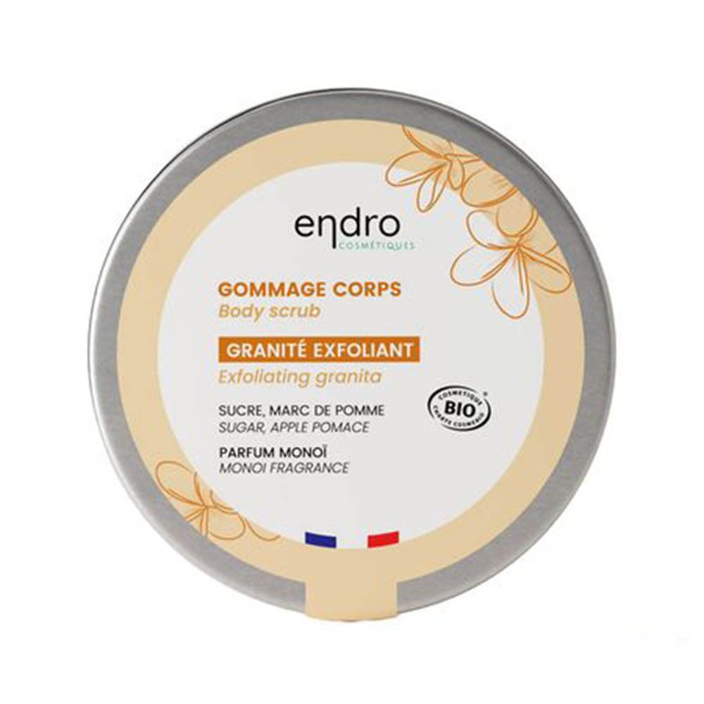Pot rond avec couvercle. Inscription : Gommage Corps, Granité Exfoliant, Parfum Monoï. Certification Bio. Logo Endro.