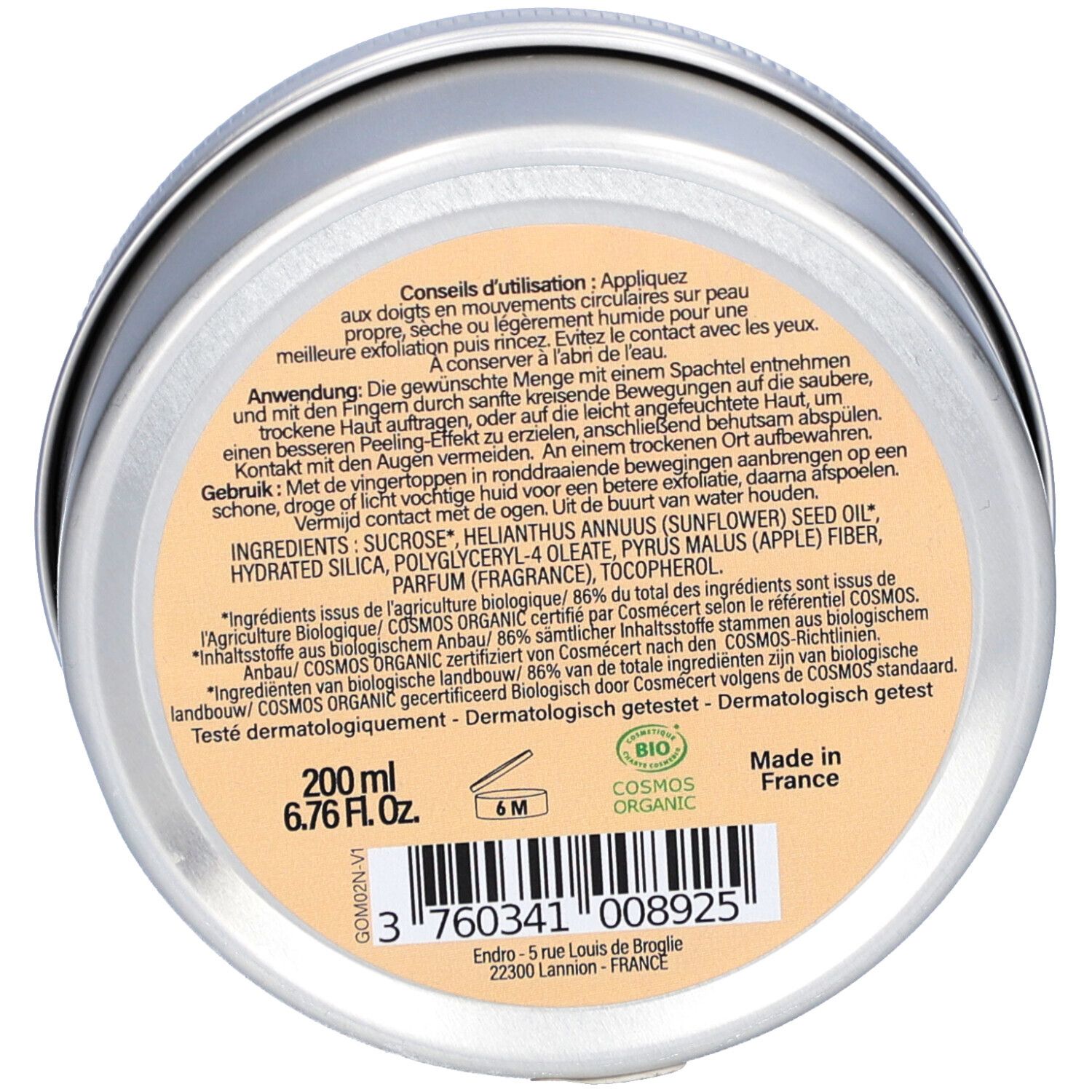 Unterseite des Tiegels. Text: Inhaltsstoffe, 200 ml, 6.76 fl.oz., COSMOS ORGANIC-Zertifizierung, Made in France. Barcode.