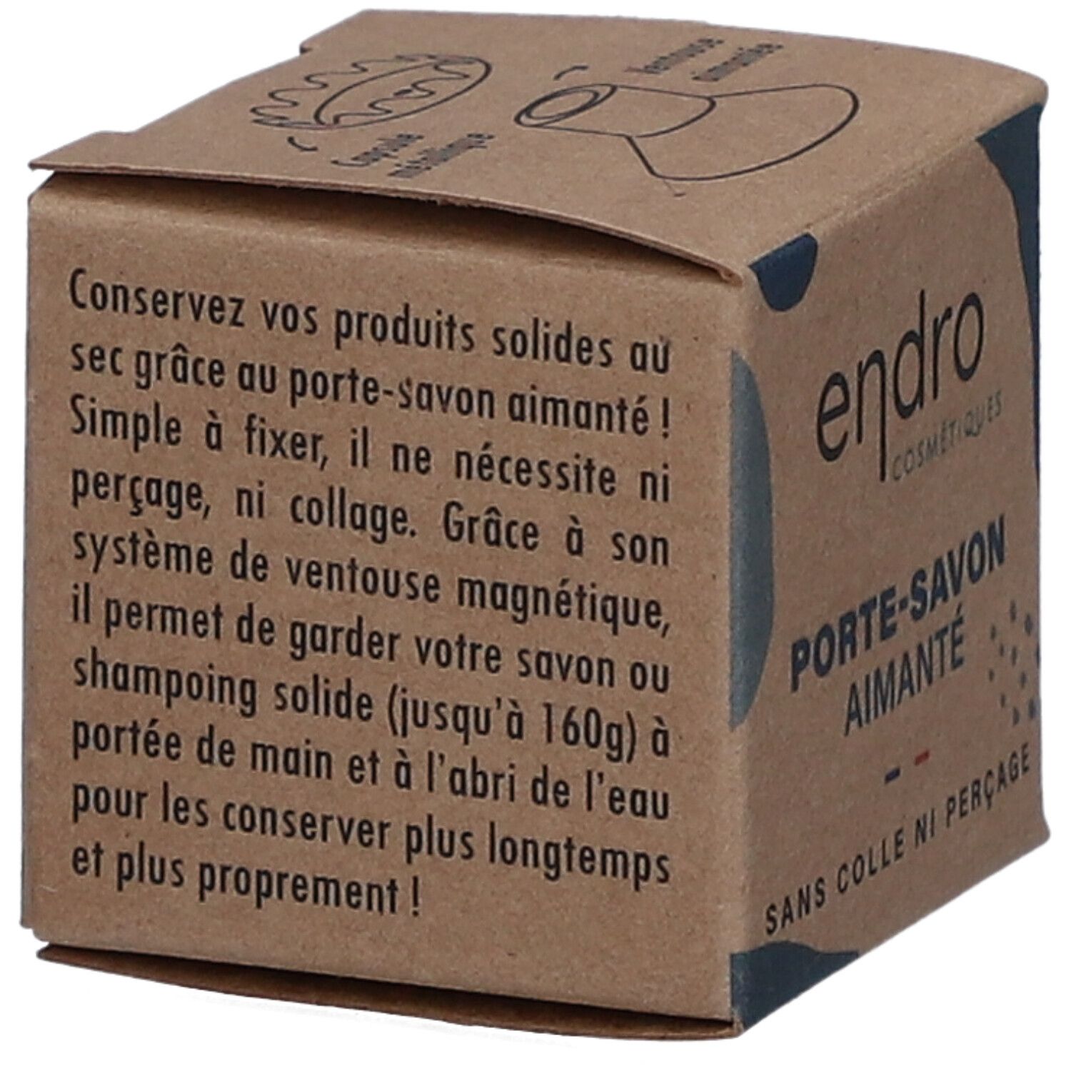 Boîte en carton du Porte-Savon Aimanté Endro. Texte : Conservez vos produits solides au sec grâce au porte-savon aimanté.