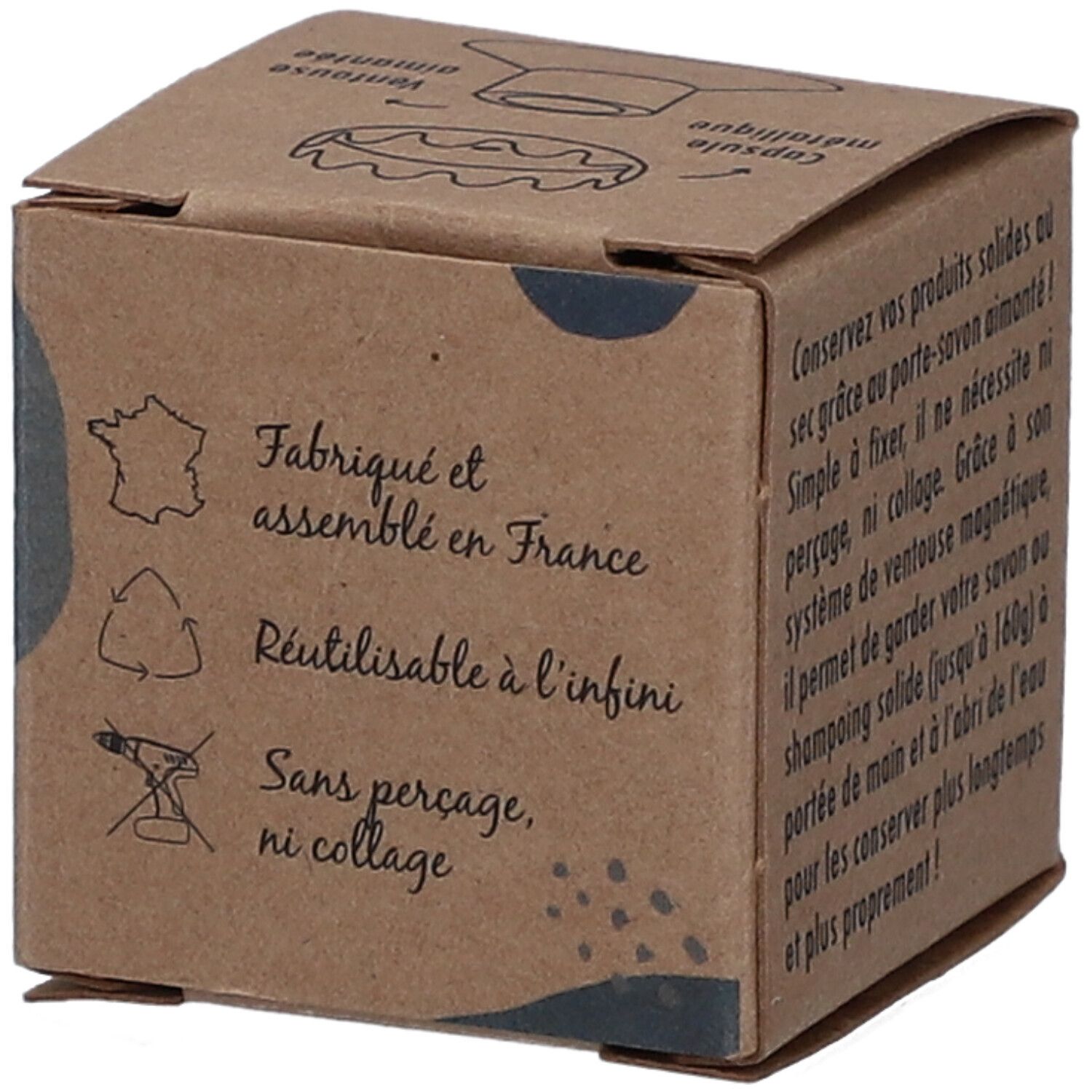 Boîte en carton du Porte-Savon Aimanté Endro. Texte : Fabriqué et assemblé en France. Réutilisable à l'infini.