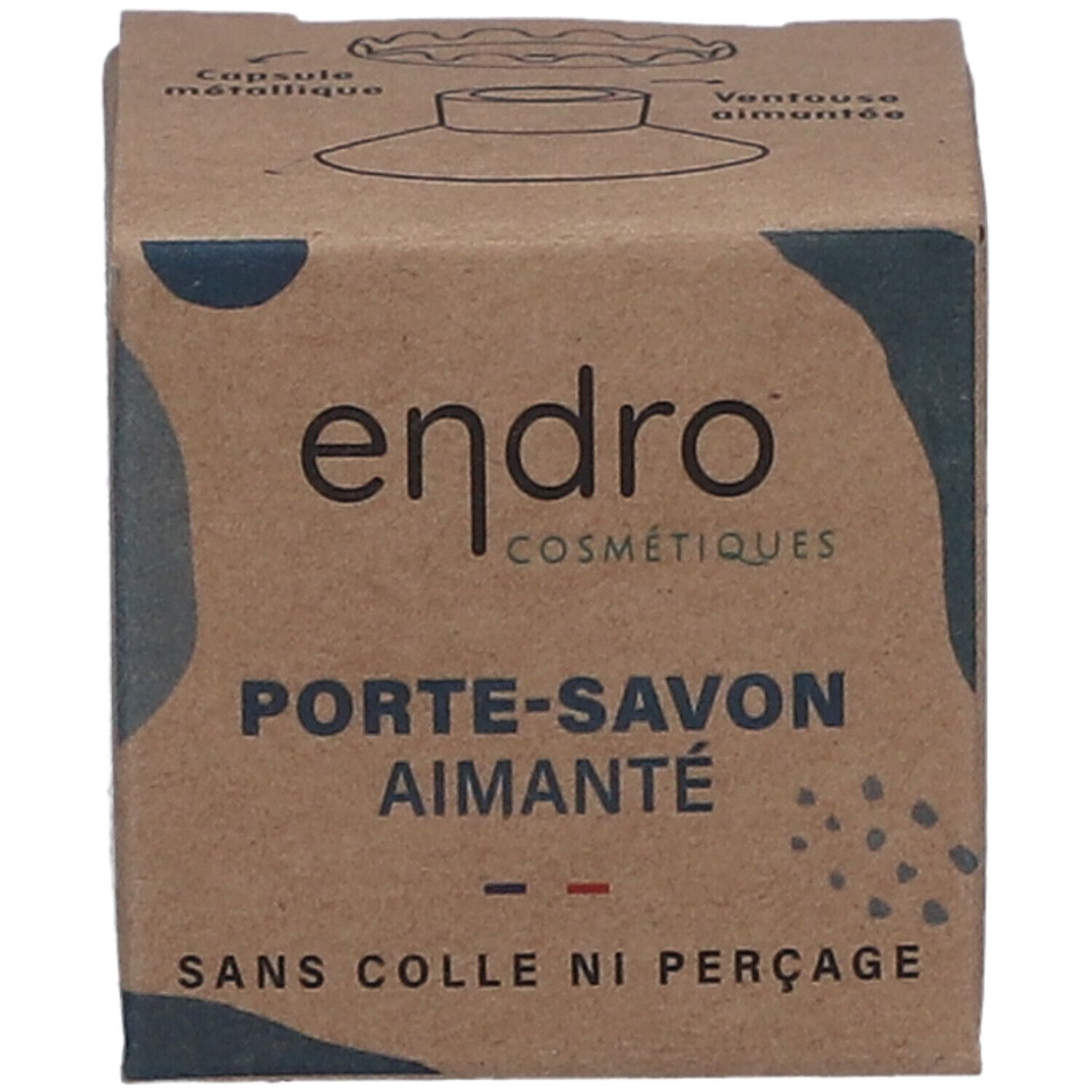 Boîte en carton du Porte-Savon Aimanté Endro. Inscription : Porte-Savon Aimanté. Sans colle ni perçage. Logo Endro.