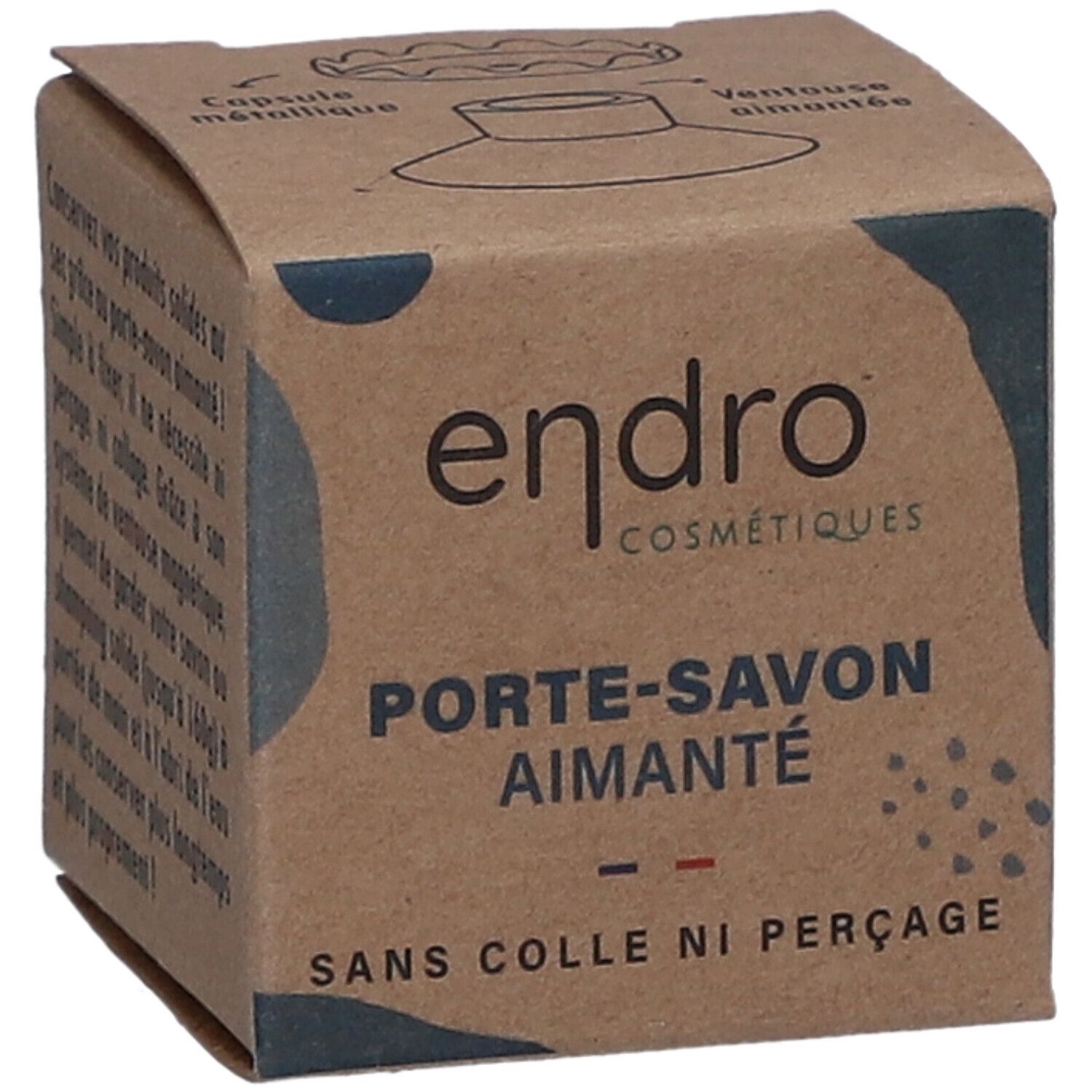 Boîte en carton du Porte-Savon Aimanté Endro. Inscription : Porte-Savon Aimanté. Sans colle ni perçage. Logo Endro.