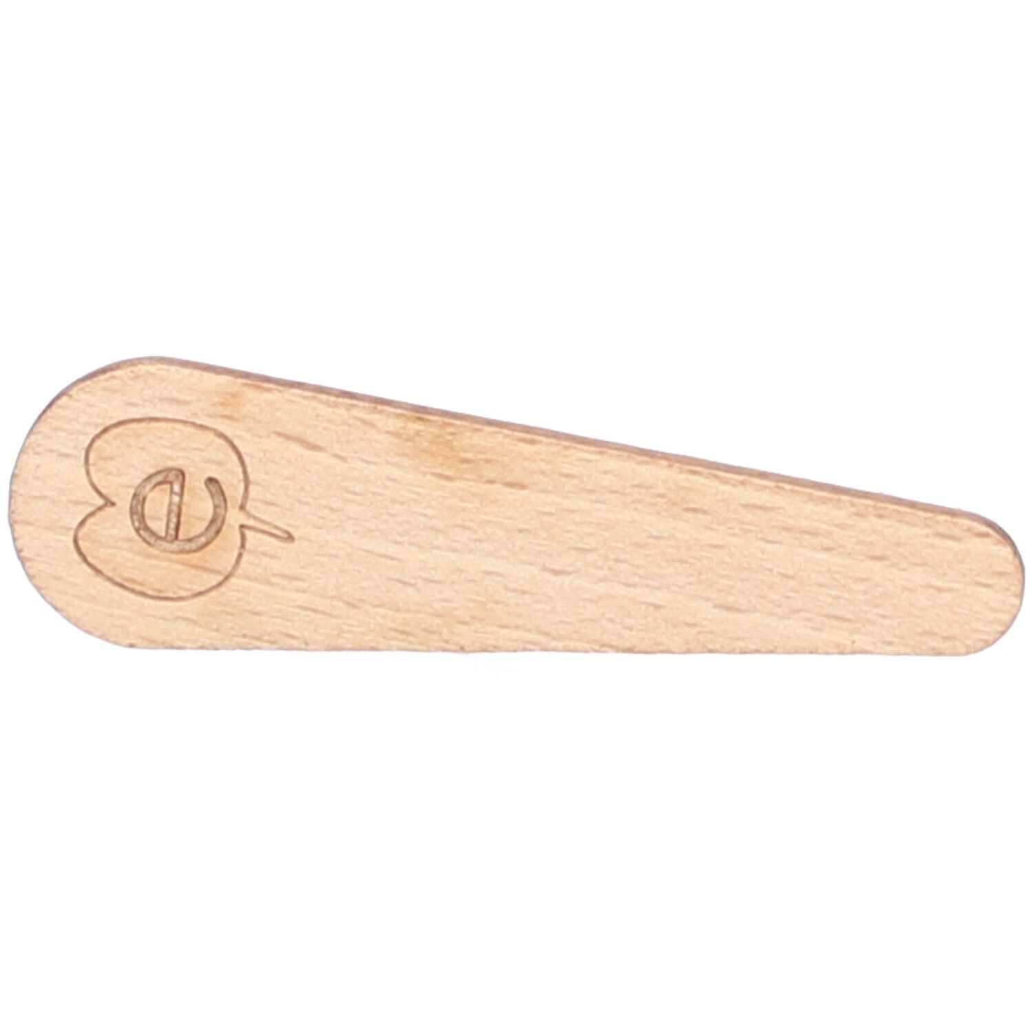 Spatule en bois clair, bout arrondi, gravure décorative. Forme allongée.