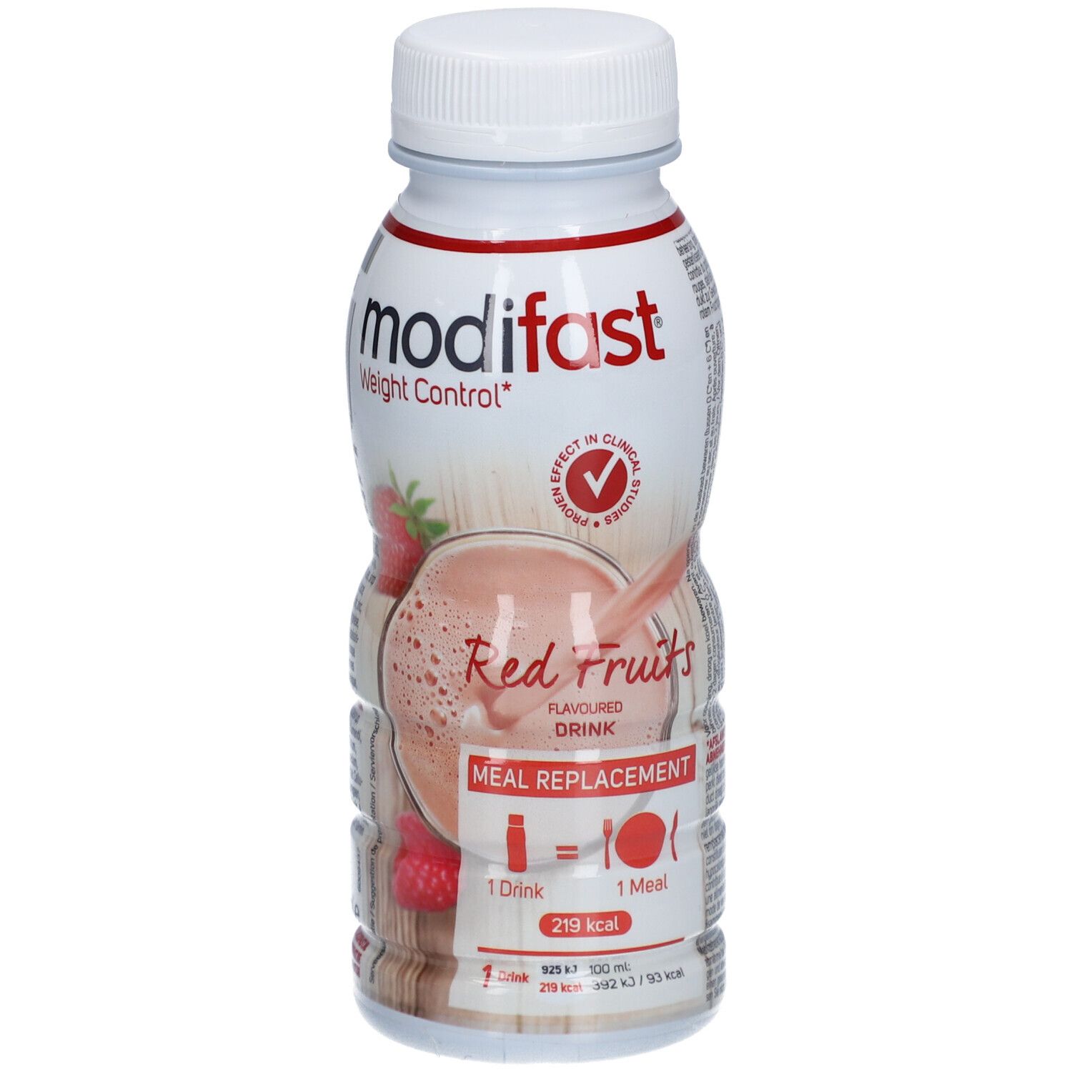 Modifast Boisson-Repas Fruits Rouges. Bouteille blanche, étiquette rouge. Fraise et framboise illustrées. Bouchon blanc.
