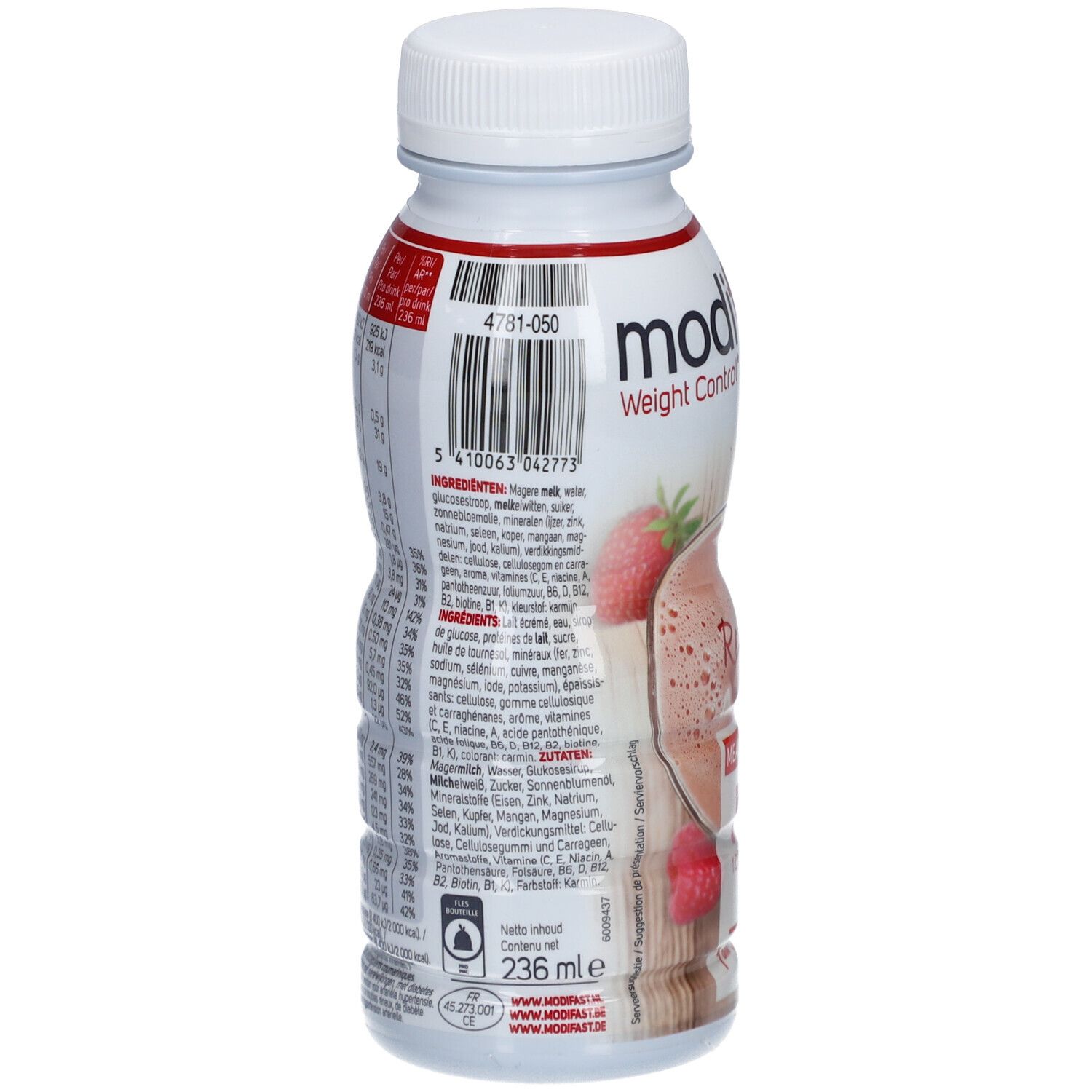 Modifast Boisson-Repas Fruits Rouges. Dos de la bouteille. Liste des ingrédients et informations nutritionnelles. Bouteille blanche, étiquette rouge.