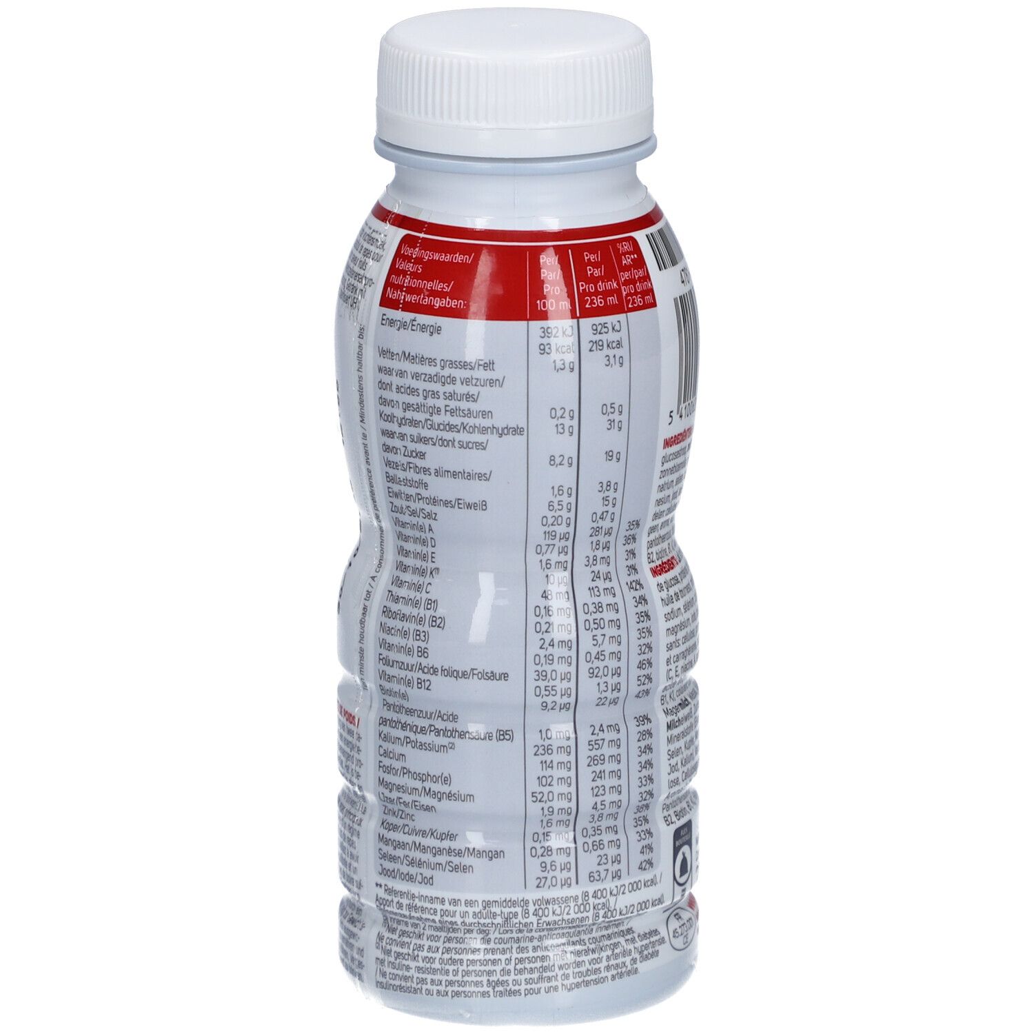 Modifast Boisson-Repas Fruits Rouges. Dos de la bouteille. Informations nutritionnelles. Bouteille blanche, étiquette rouge.