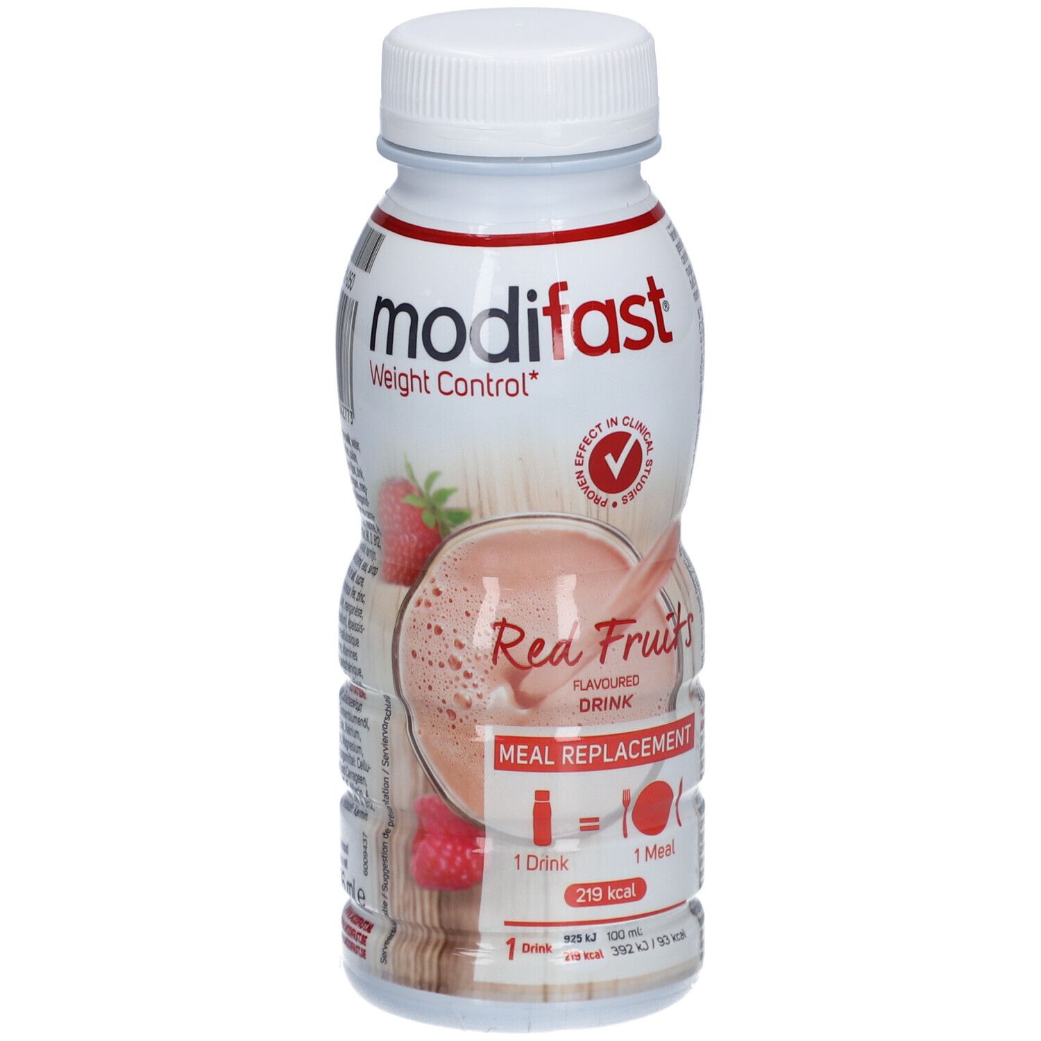Modifast Boisson-Repas Fruits Rouges. Bouteille blanche, étiquette rouge. Fraise et framboise illustrées. Bouchon blanc.