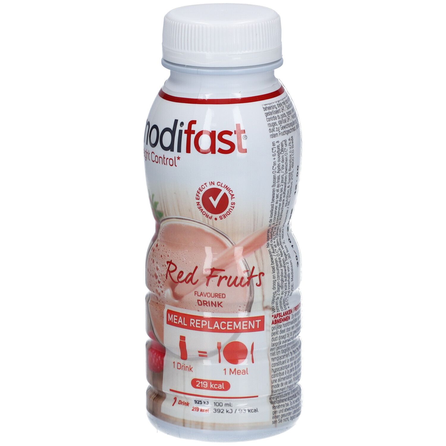 Modifast Boisson-Repas Fruits Rouges. Bouteille blanche, étiquette rouge. Fraise et framboise illustrées. Bouchon blanc.