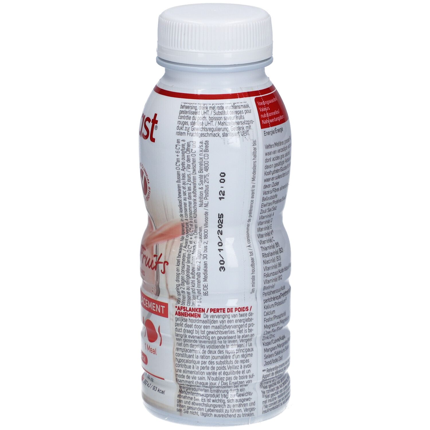 Modifast Boisson-Repas Fruits Rouges. Dos de la bouteille. Texte et date de péremption. Bouteille blanche, étiquette rouge.