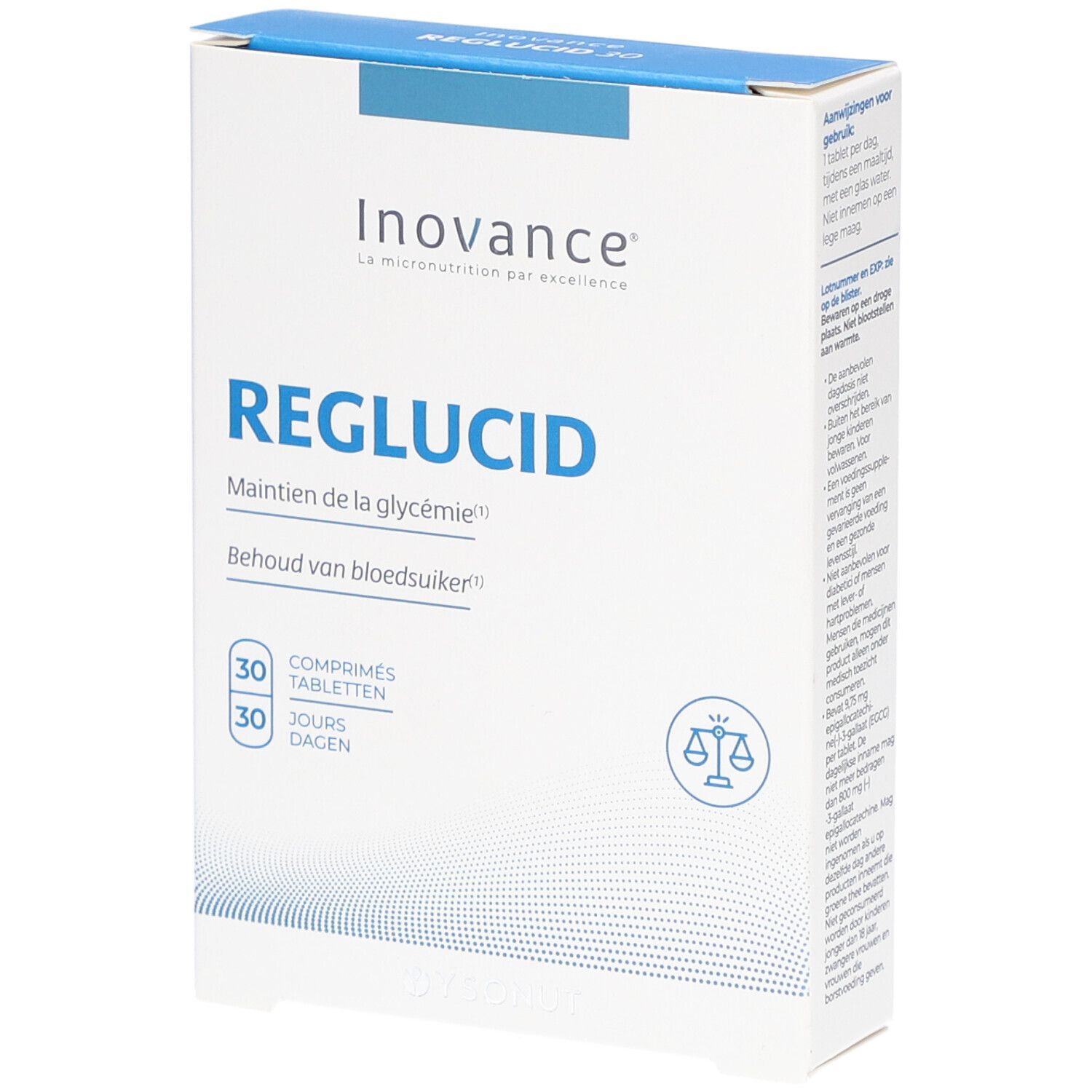 Schachtel mit Inovance Reglucid. Aufschrift: Reglucid, 30 Tabletten, 30 Tage. Logo: Waage.