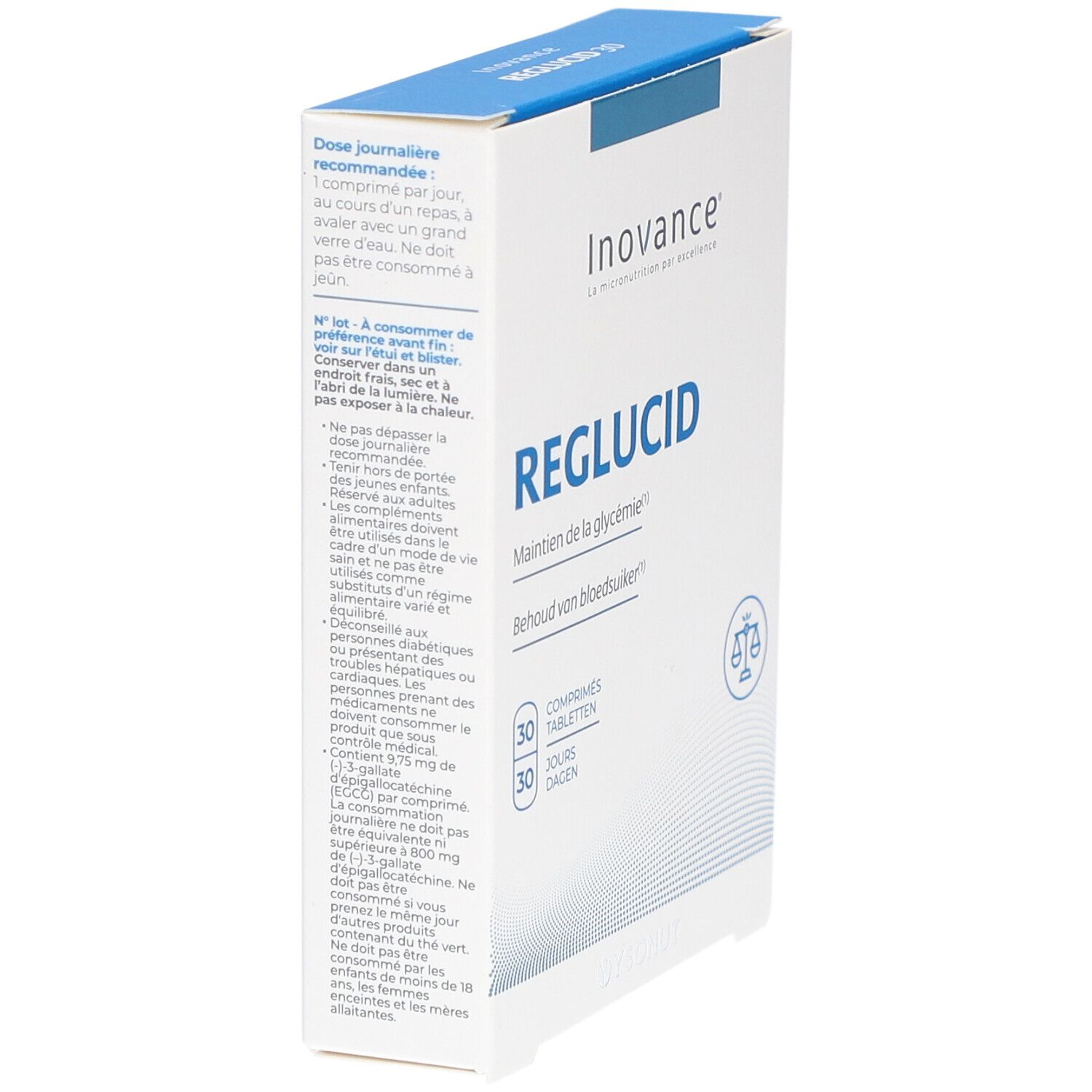 Schachtel Inovance Reglucid, Seitenansicht. Text: Reglucid, 30 Tabletten, 30 Tage. Auf der Seite: Dosierungsempfehlung.