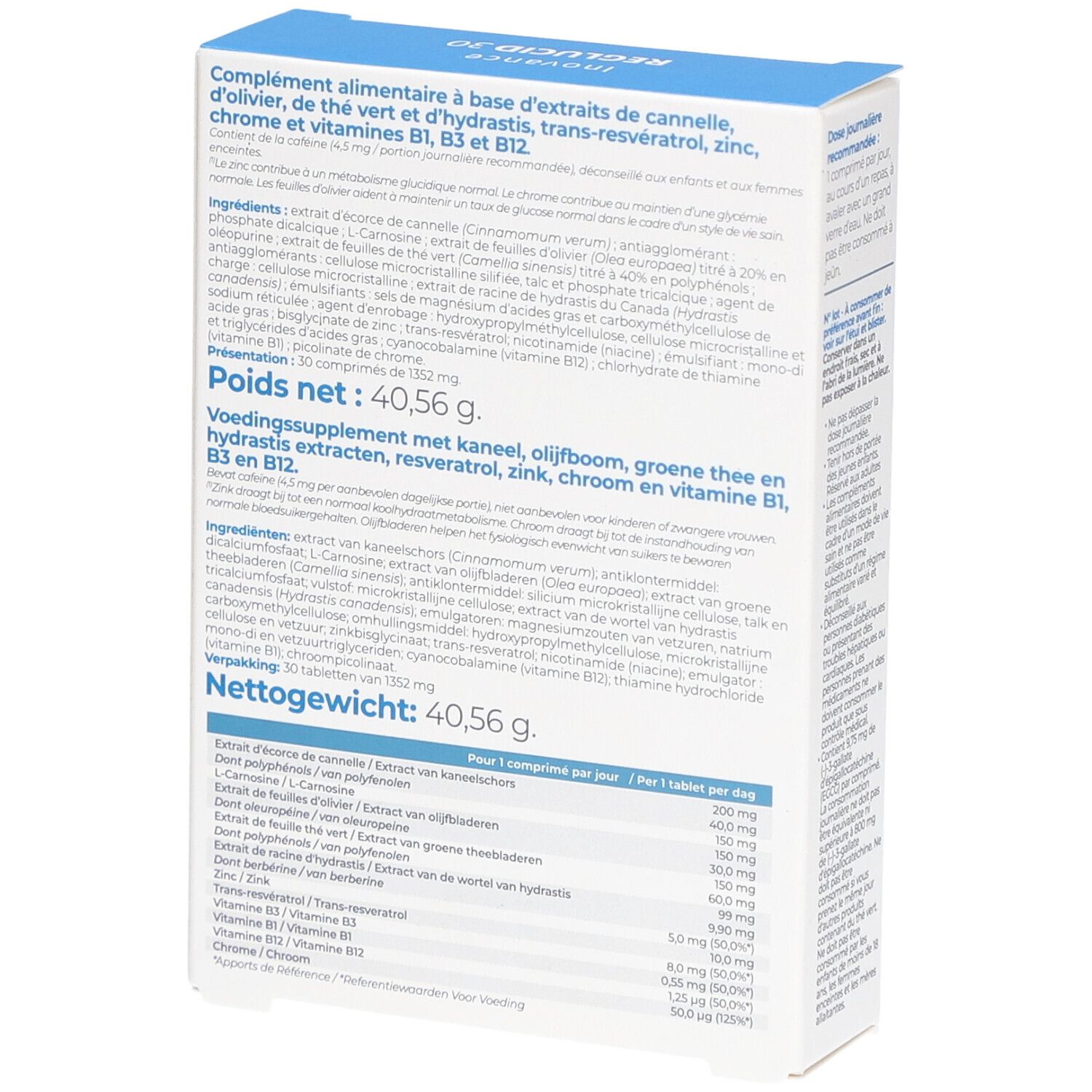 Rückseite der Inovance Reglucid-Schachtel. Text: Nahrungsergänzungsmittel, Zutaten, Nettogewicht 40,56 g.