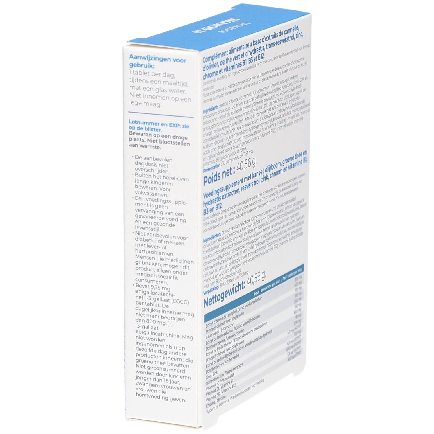 Rückseite der Inovance Reglucid-Schachtel. Text: Gebrauchsanweisung, Nettogewicht 40,56 g.