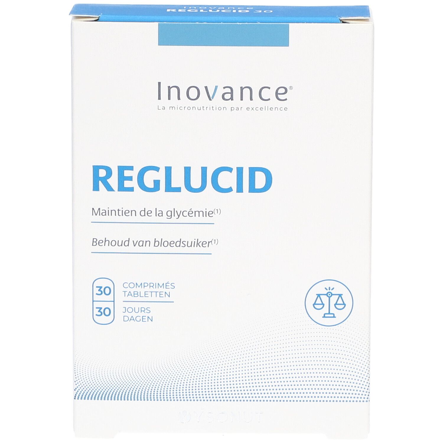 Inovance Reglucid-Schachtel. Text: Reglucid, 30 Tabletten, 30 Tage. Logo: Waage.
