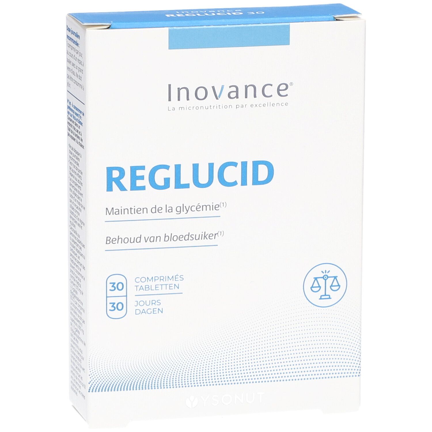 Inovance Reglucid-Schachtel. Text: Reglucid, 30 Tabletten, 30 Tage. Logo: Waage.
