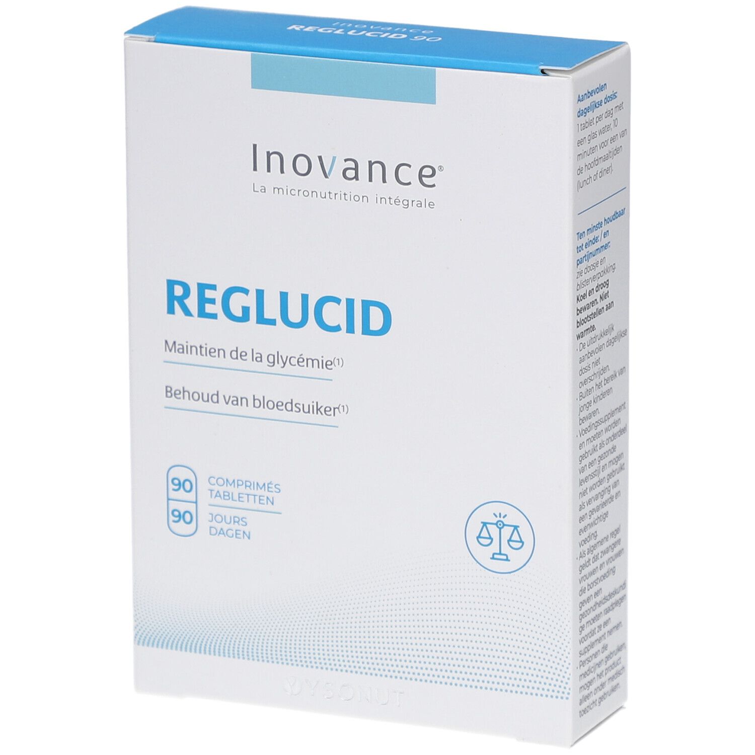 Weißer Karton mit blauer Oberseite. Aufschrift: Inovance, Reglucid, 90 Tabletten. Waage-Symbol.