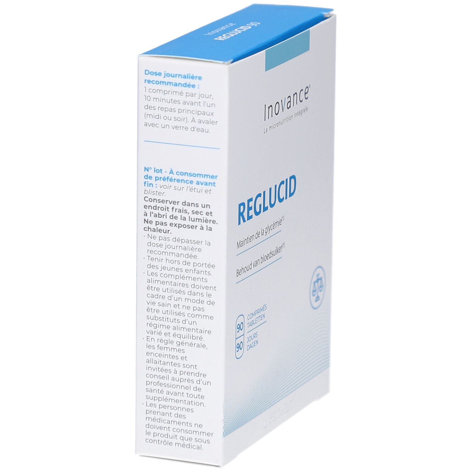 Schräg stehende weiße Box. Aufschrift: Inovance, Reglucid. Text und Dosierungshinweise. Waage-Symbol.