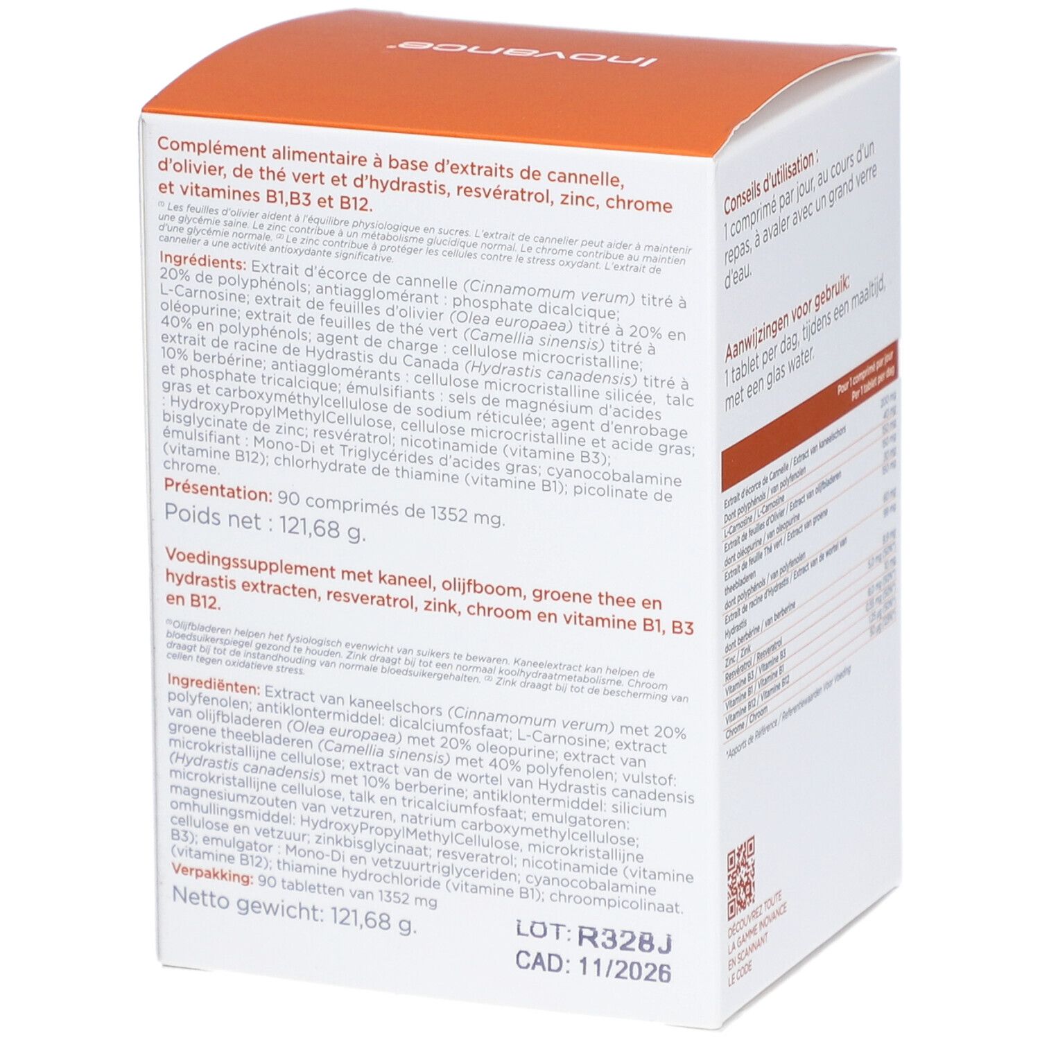 Rückseite einer orangefarbenen Box. Text mit Inhaltsstoffen und Nährwertangaben. Chargennummer und Verfallsdatum.