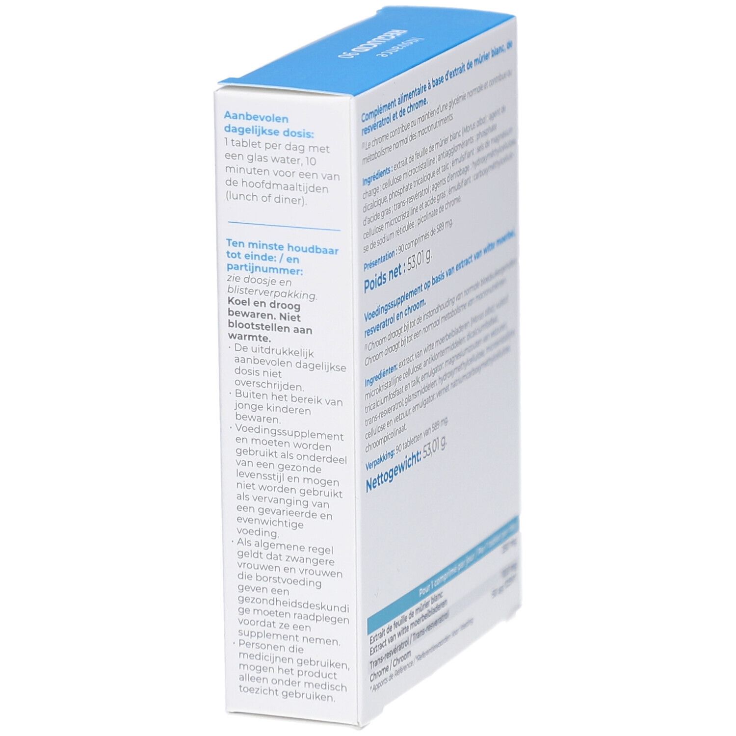 Schräg stehende weiße Box. Text mit Dosierungshinweisen und Inhaltsstoffen. Chargennummer und Verfallsdatum.