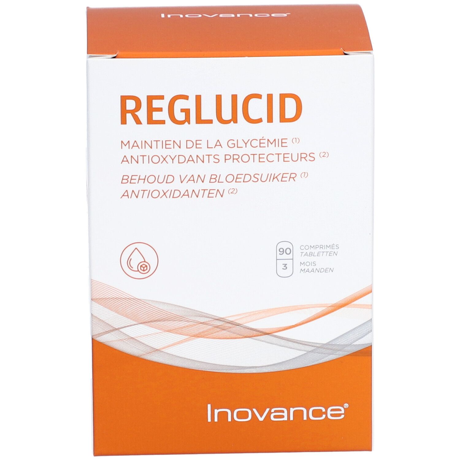 Weiße Box mit Aufschrift: Reglucid, Maintien de la glycémie, Antioxidants protecteurs, 90 comprimés, 3 mois.