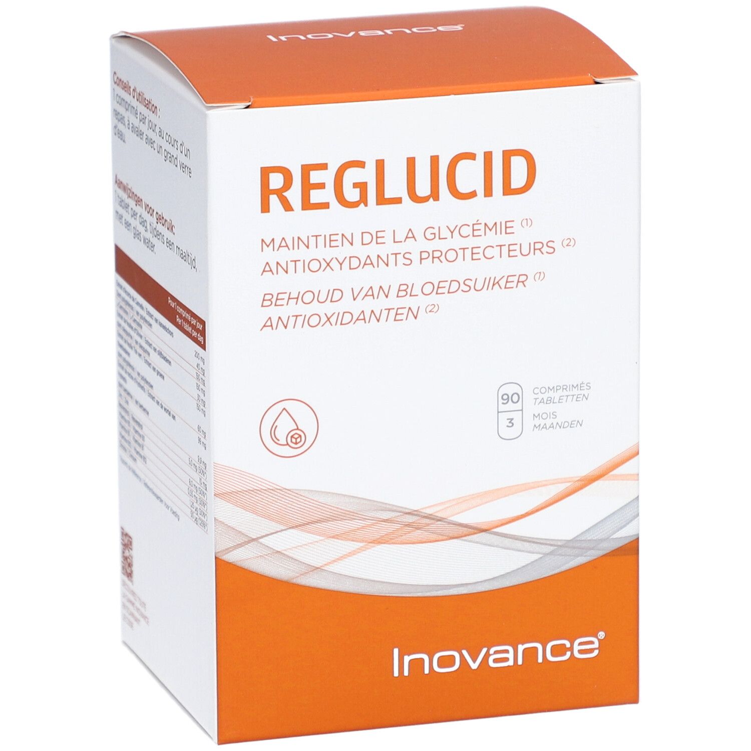 Weiße Box mit Aufschrift: Reglucid, Maintien de la glycémie, Antioxidants protecteurs, 90 comprimés, 3 mois.