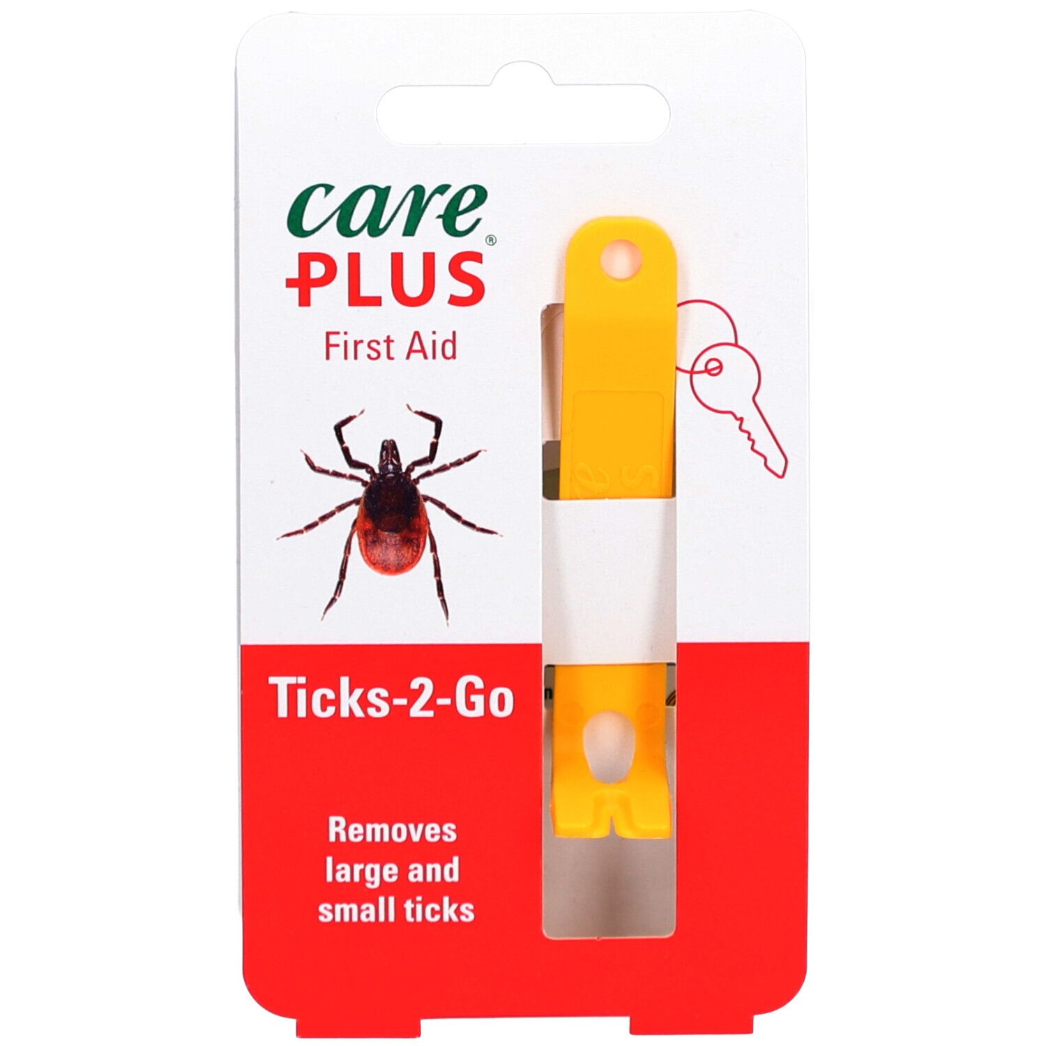 Gelbes Zeckenentfernungswerkzeug in roter und weißer Verpackung. Aufdruck: Care Plus First Aid, Zecke, Ticks-2-Go.