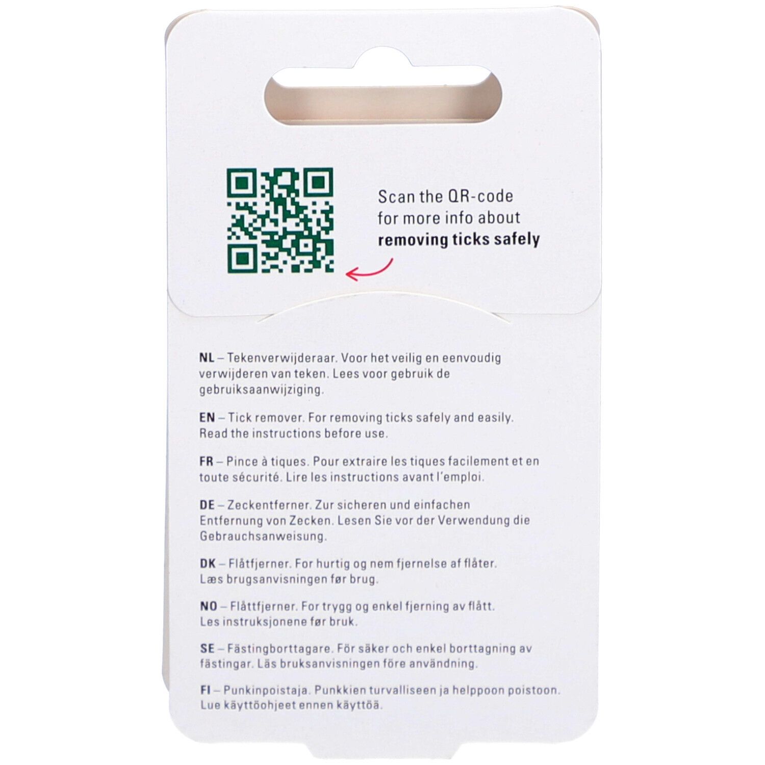 Rückseite der Verpackung mit QR-Code und Text in mehreren Sprachen, darunter Deutsch, Englisch, Französisch und Niederländisch.