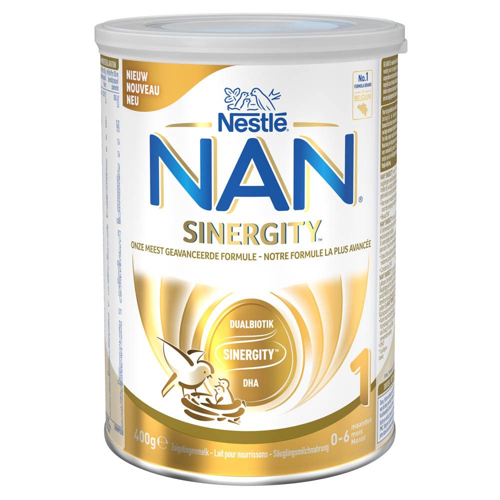 Boîte Nestlé NAN Sinergity 1, 0-6 mois. Design doré avec logo, nom du produit et informations. 400g.