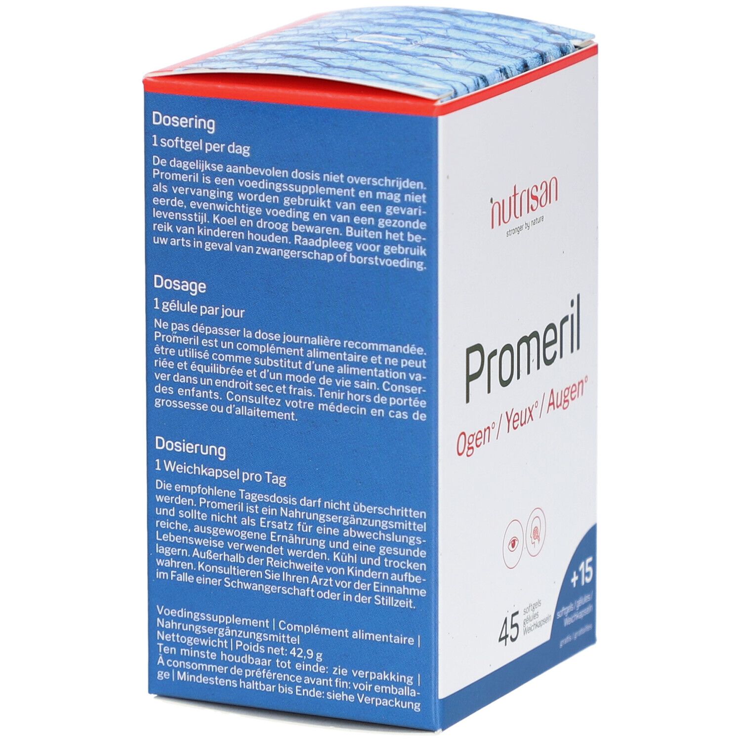 Karton mit Nutrisan Promeril. Enthält 45 + 15 Weichkapseln. Text über Dosierung und Inhaltsstoffe.