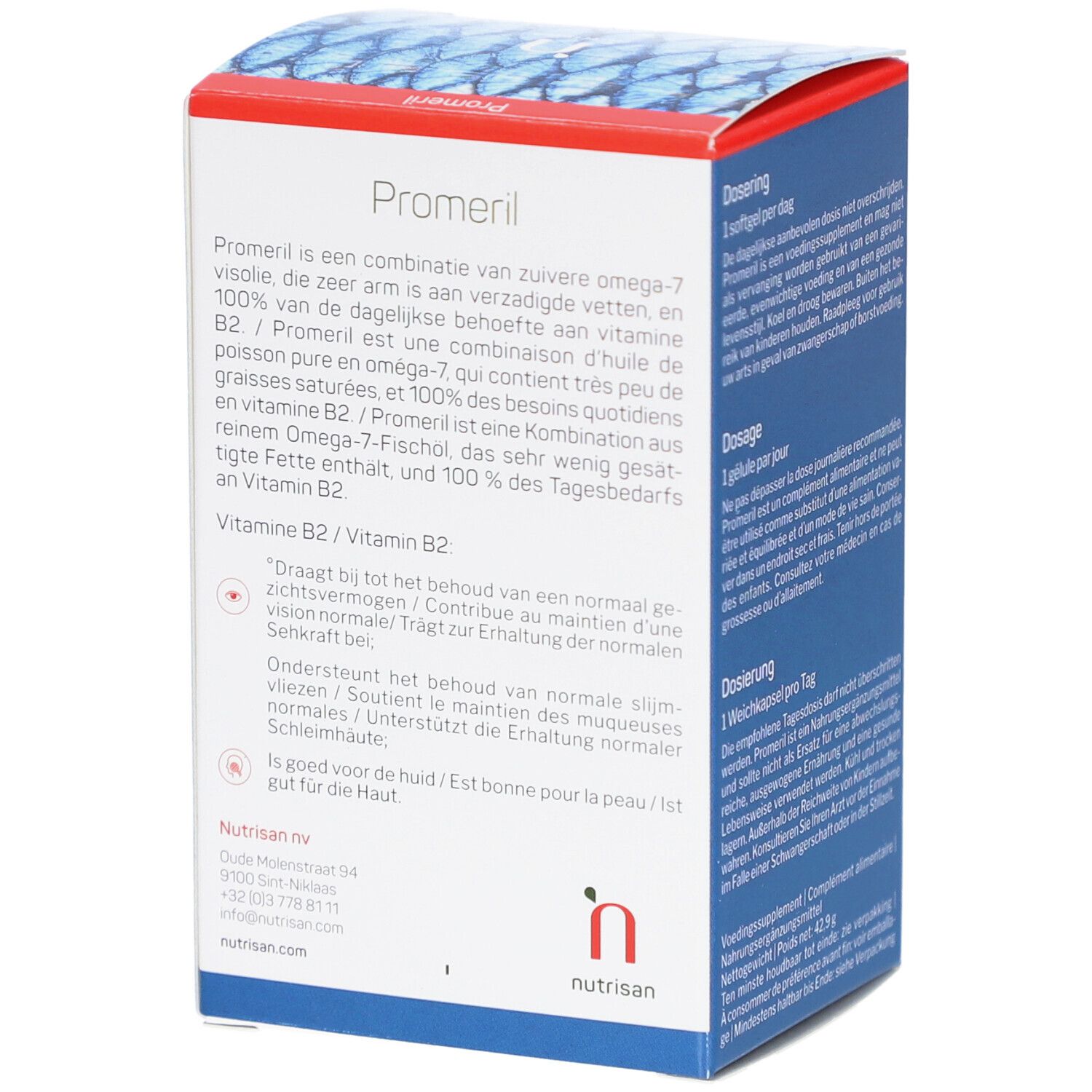 Rückseite der Nutrisan Promeril-Verpackung. Text über die Inhaltsstoffe und Vorteile des Produkts.