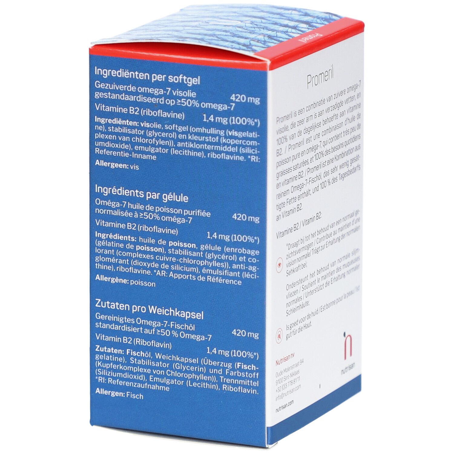 Detailansicht der Inhaltsstoffe auf der Nutrisan Promeril-Verpackung. Enthält Omega-7 und Vitamin B2.