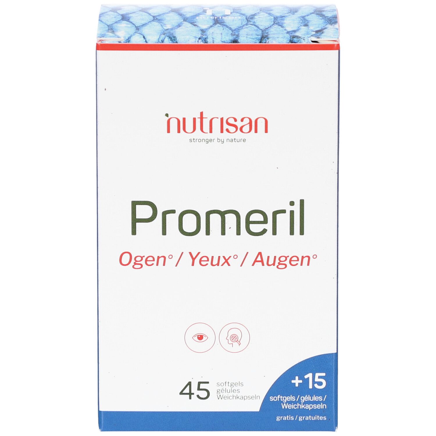 Nutrisan Promeril-Verpackung. Enthält 45 + 15 Weichkapseln. Aufschrift: Ogen/Yeux/Augen.