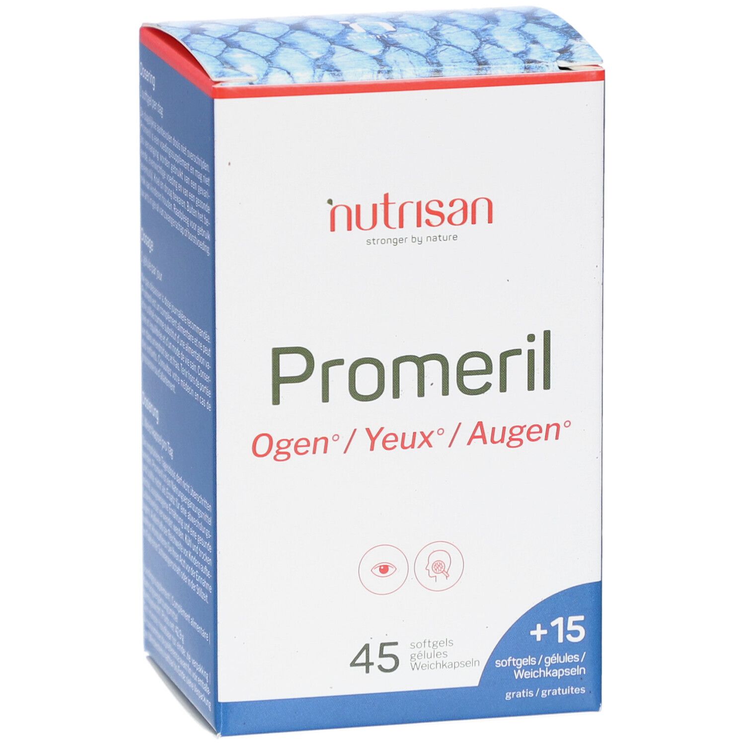 Nutrisan Promeril-Verpackung. Enthält 45 + 15 Weichkapseln. Aufschrift: Ogen/Yeux/Augen.