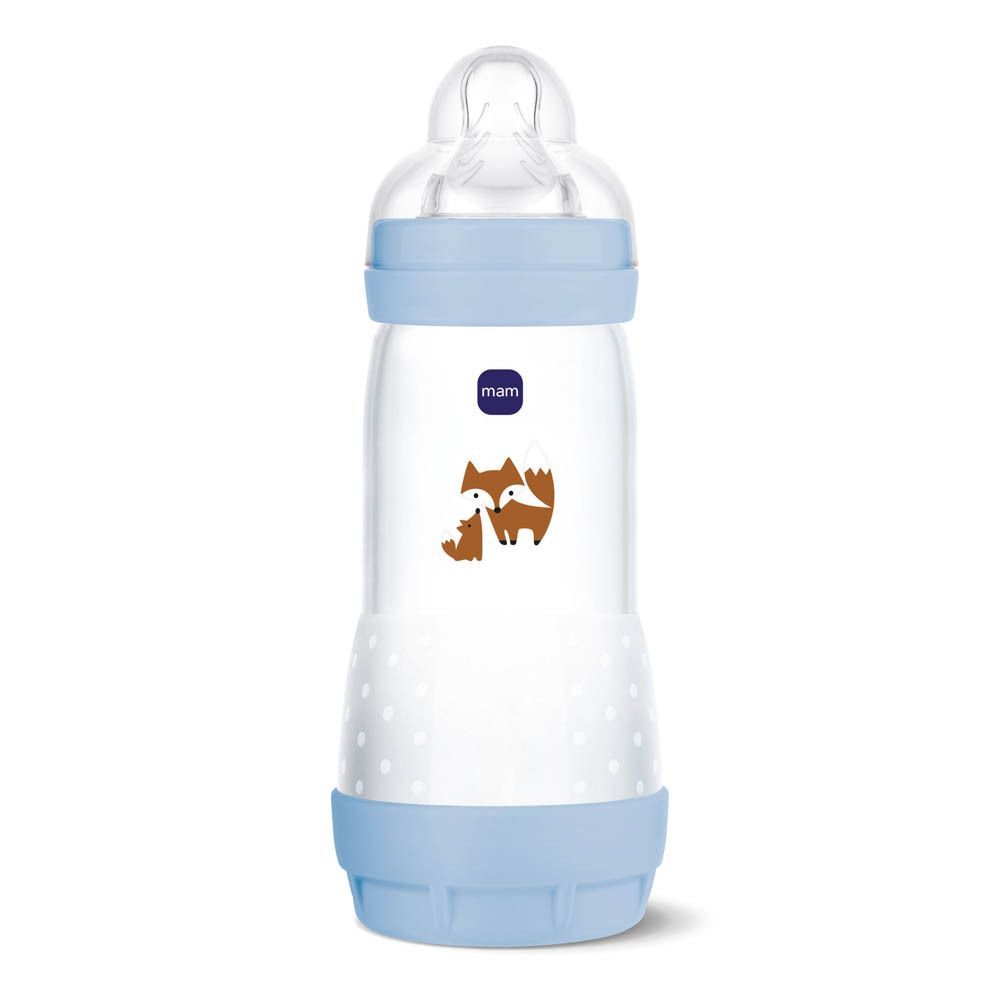 Babyflasche mit Fuchs-Motiv und blauem Deckel.