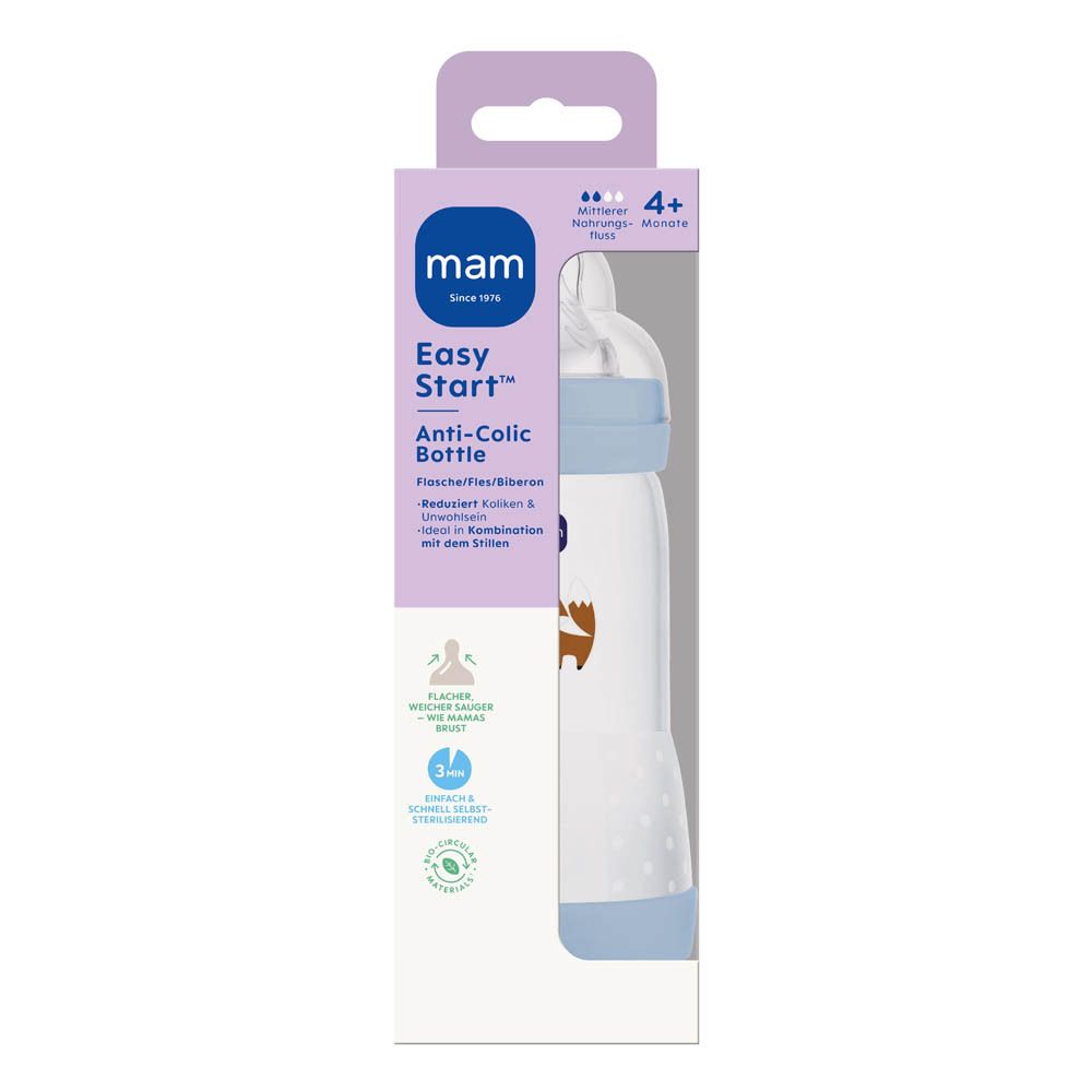 MAM Easy Start Anti-Colic Babyflasche mit Sauger, 4+ Monate, weiß-blau.