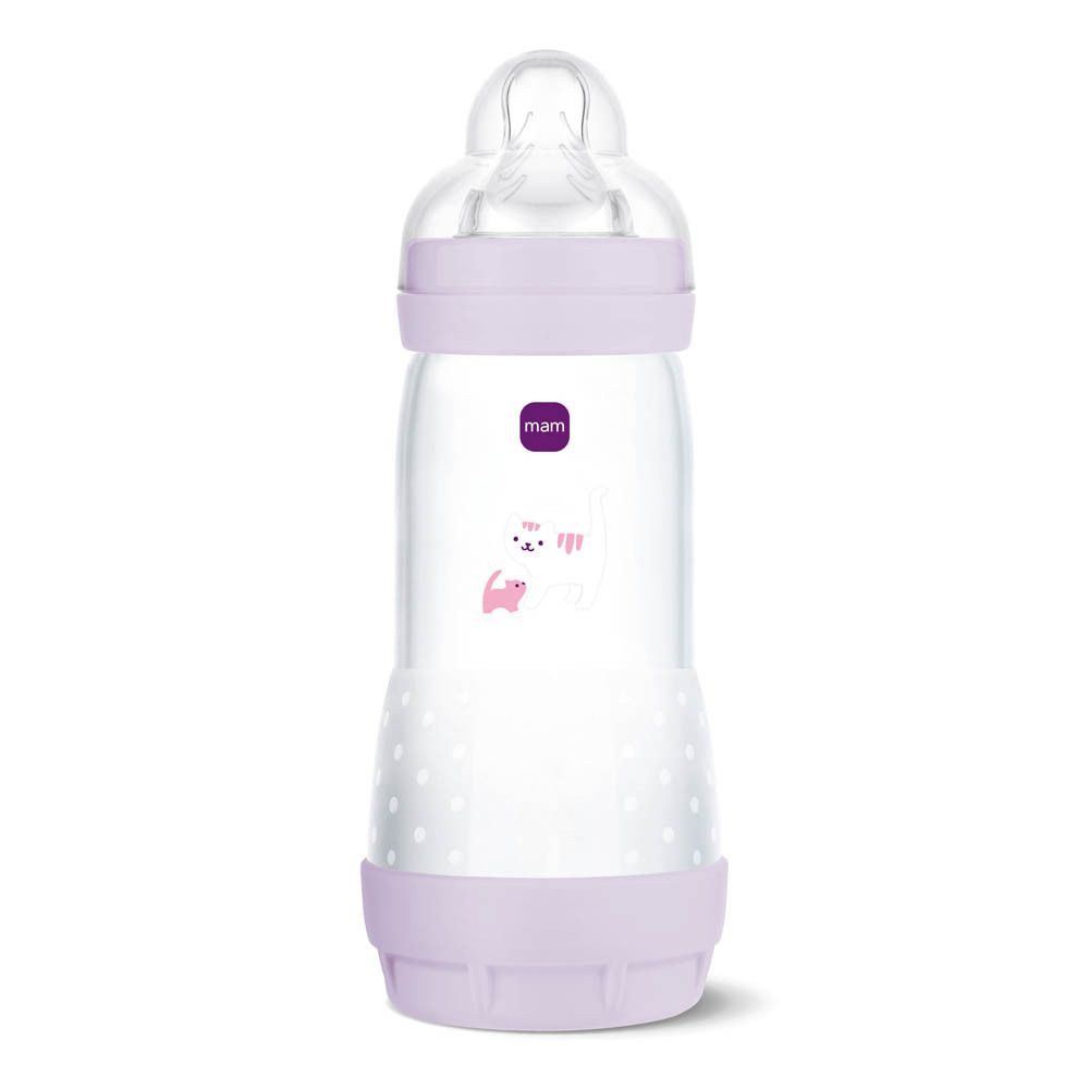 Babyflasche mit lila Deckel, transparentem Körper und Katzenmotiv. "mam" Logo sichtbar.