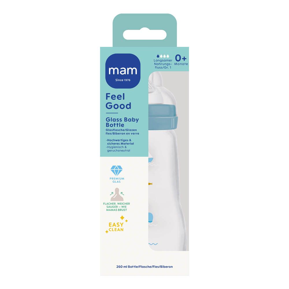 MAM Feel Good Glas-Babyflasche, 260ml, mit blauem Deckel und Sauger.