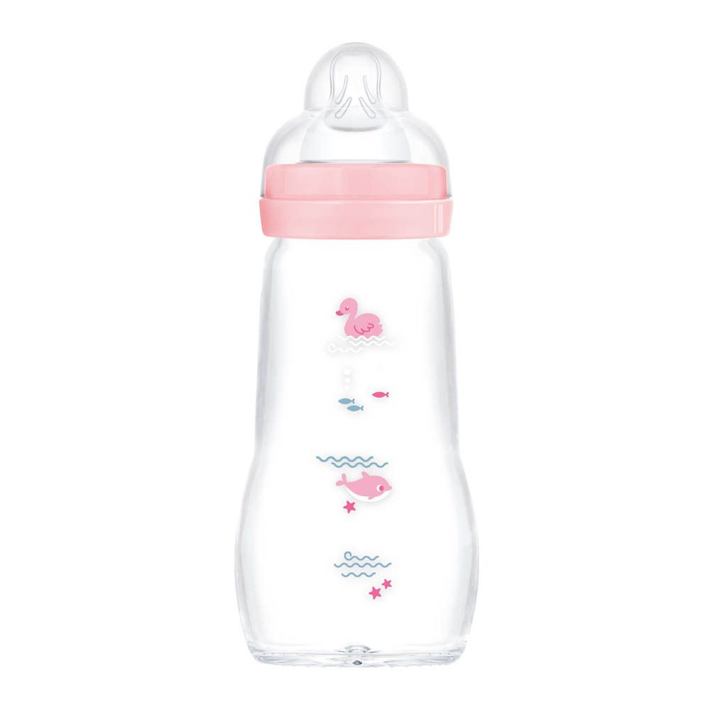 Durchsichtige Babyflasche mit rosa Flamingo- und Fischmotiven, rosa Ring und transparentem Sauger.