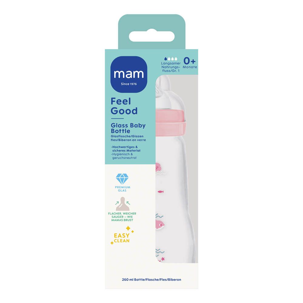 MAM Glas Babyflasche, 260ml, mit rosa Ring und Fischmotiven. "Feel Good" Aufschrift.