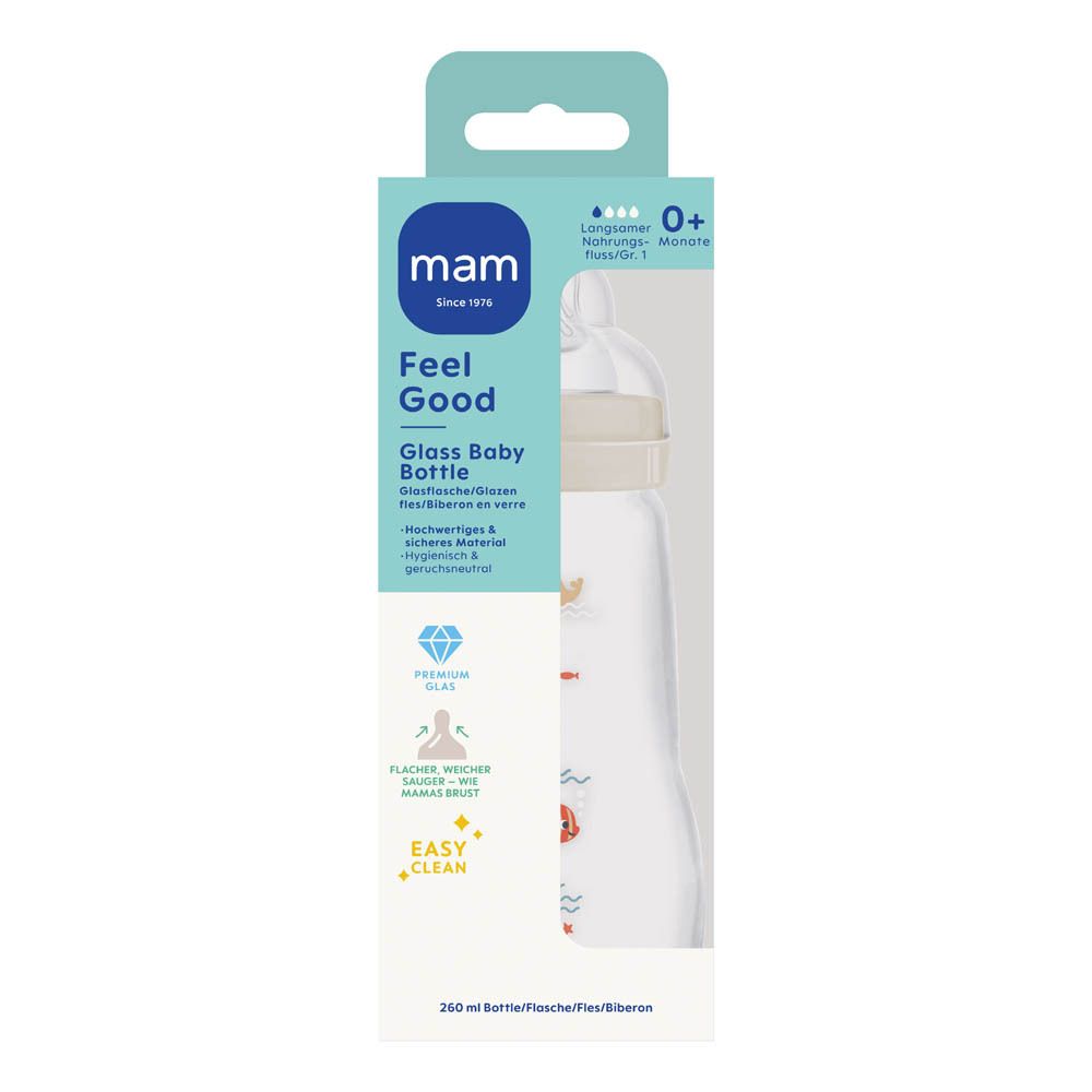 Biberon en verre MAM Feel Good, 260ml, motifs marins.
