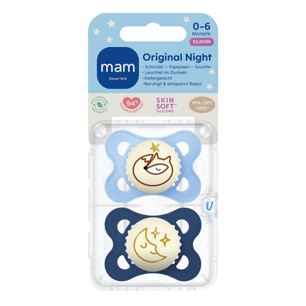 Deux sucettes MAM Original Nuit en silicone, 0-6 mois, bleues et beiges, avec fonction lumineuse nocturne.