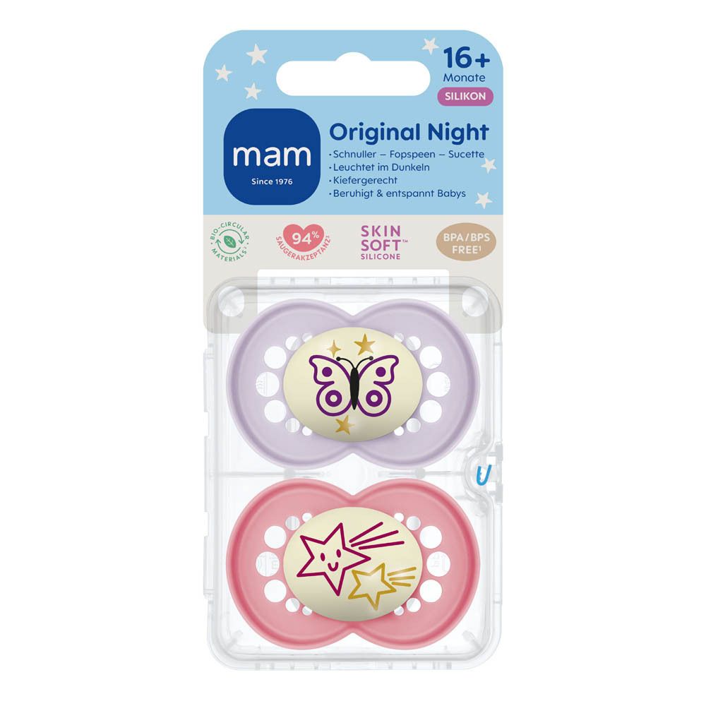 Zwei MAM Original Night Schnuller, 16+ Monate, Silikon. Lila mit Schmetterling, Rosa mit Sternen.