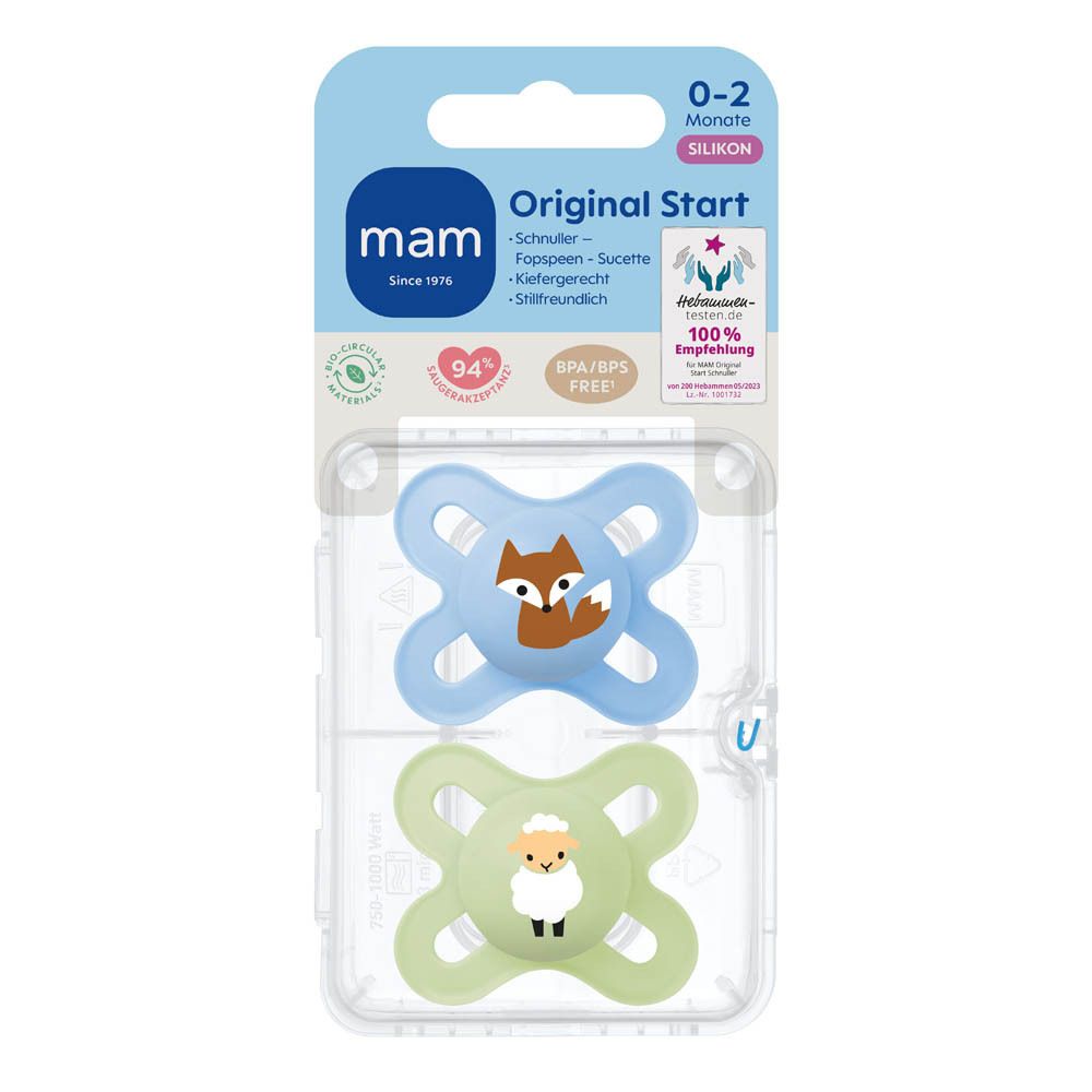 Deux sucettes MAM Original Start (0-2 mois) bleues et beiges avec motifs d'animaux, en blister.