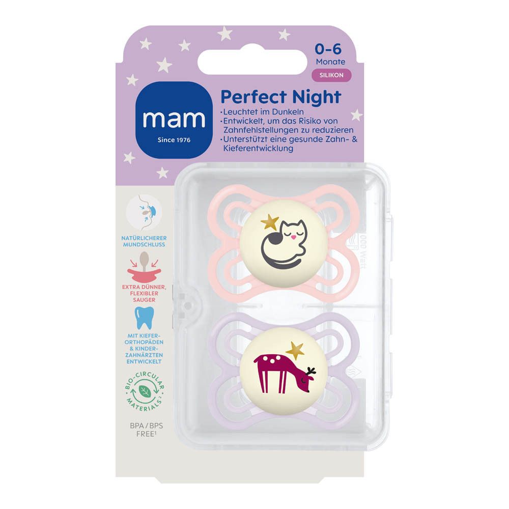 Emballage de sucettes MAM Perfect Night, 0-6 mois, silicone, rose. Contient deux sucettes.